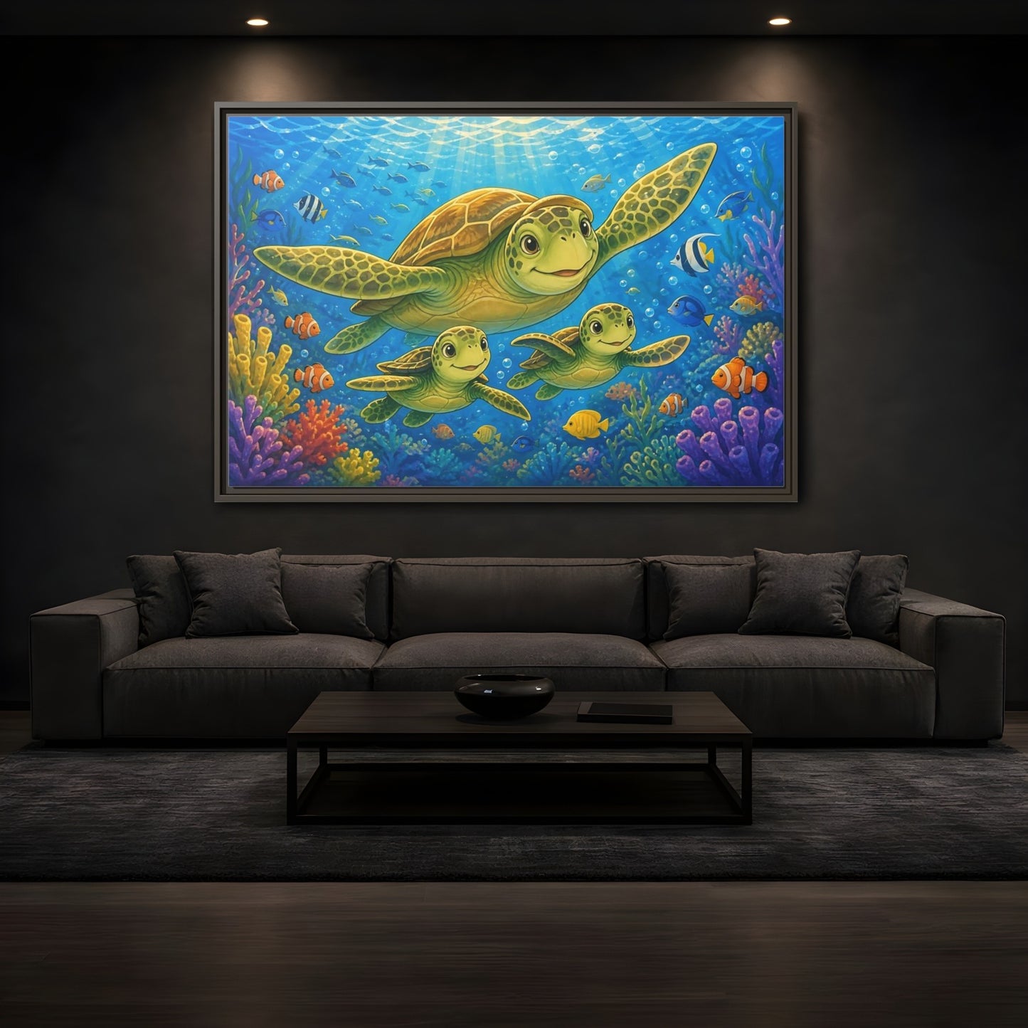 Mockup 3. Animals Sea Turtles Blue Ocean Turtles shown as stretched canvas wall art