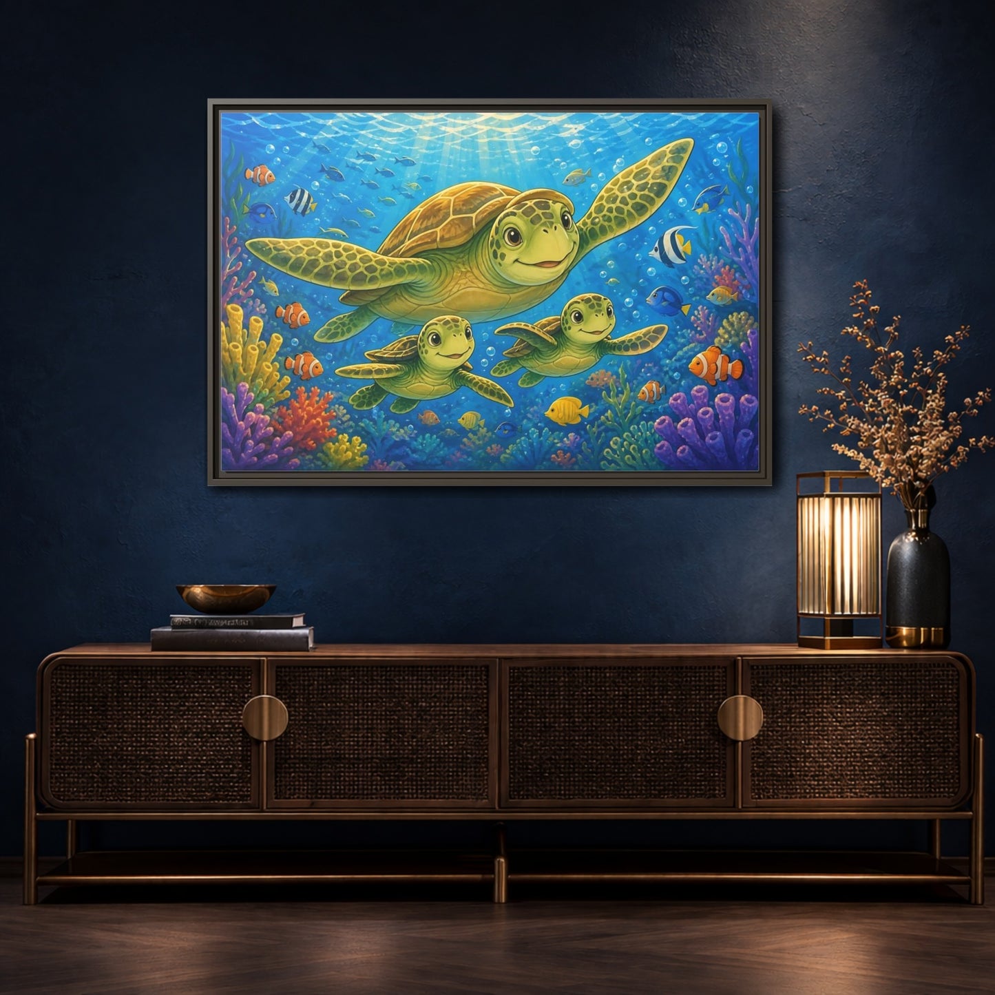 Mockup 4. Animals Sea Turtles Blue Ocean Turtles shown as stretched canvas wall art