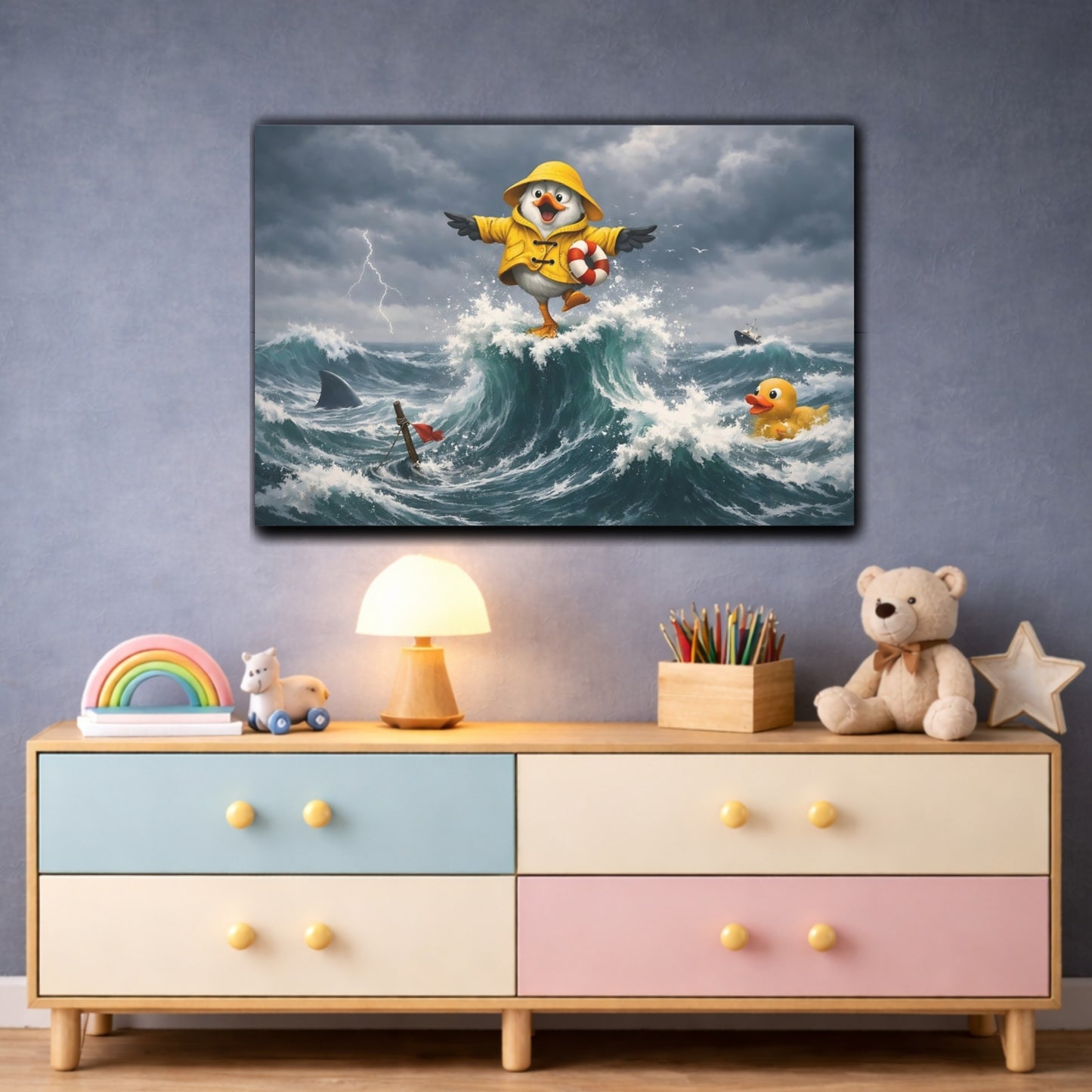 Animals Seagull Yellow Bird Storm shown as front canvas room wall art