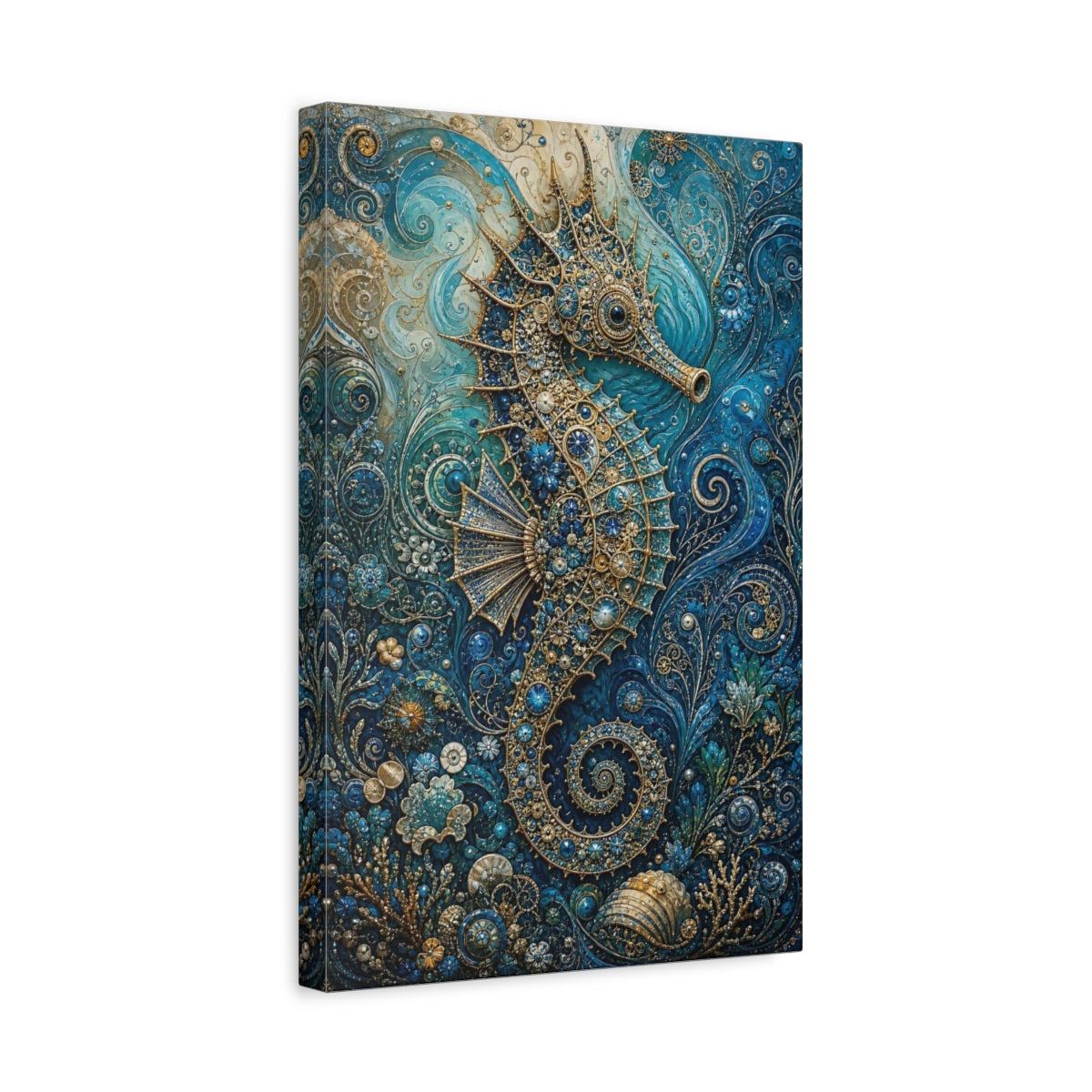 Side Mockup 4. Animals Seahorse Blue And Gold Seahorse shown as stretched canvas wall art