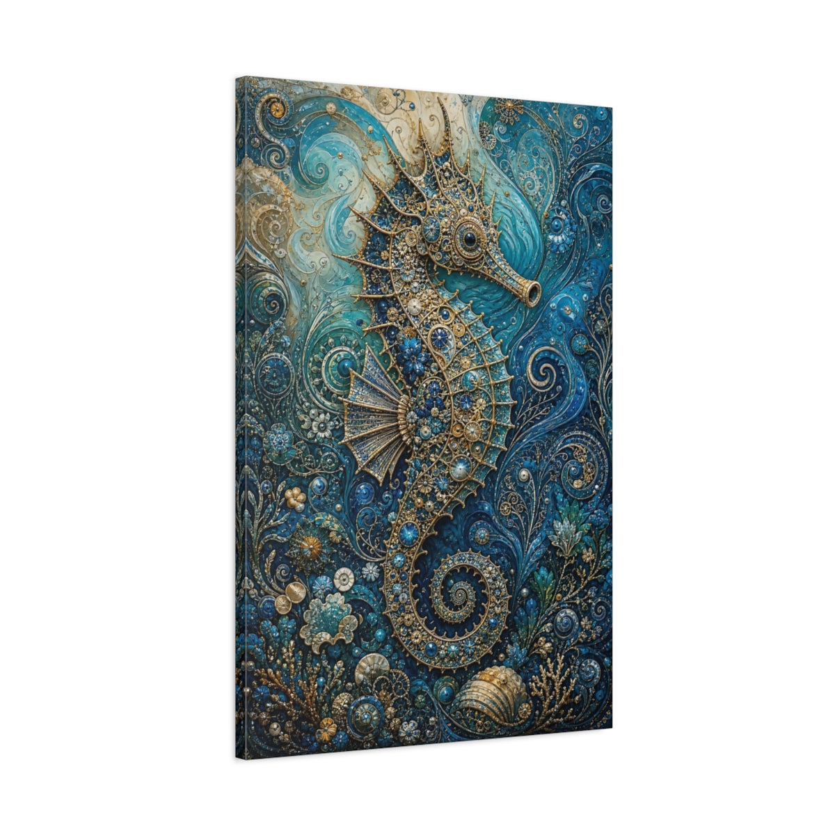Main Mockup. Animals Seahorse Blue And Gold Seahorse shown as stretched canvas wall art