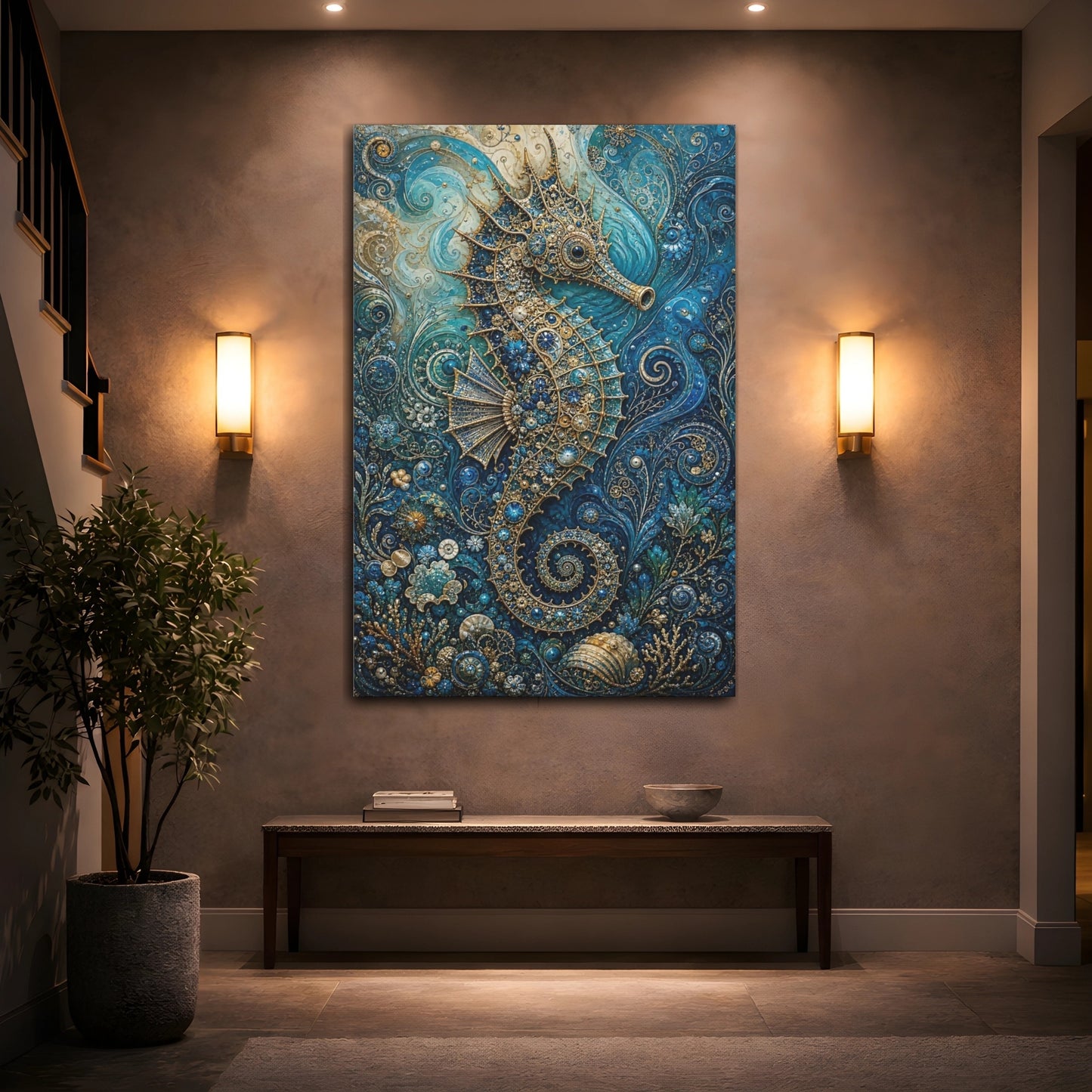 Mockup 2. Animals Seahorse Blue And Gold Seahorse shown as stretched canvas wall art