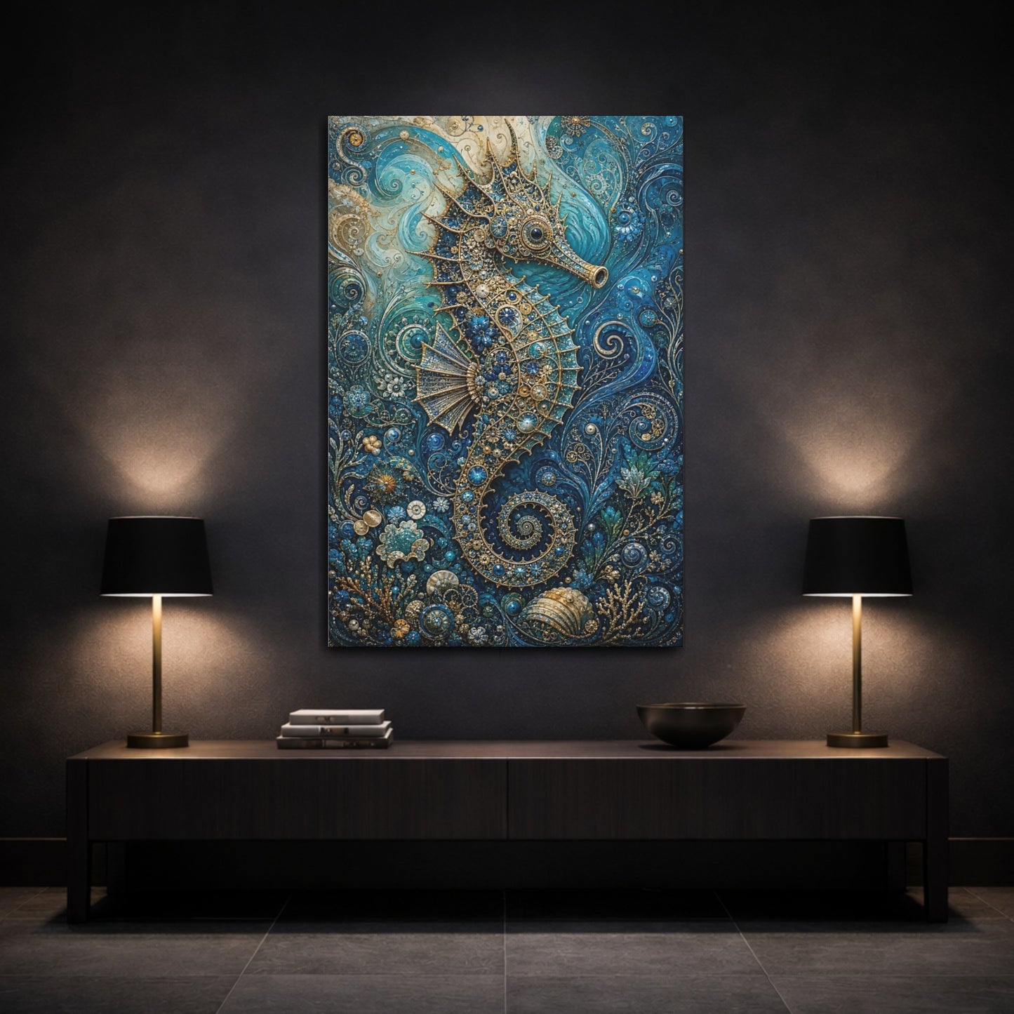 Mockup 3. Animals Seahorse Blue And Gold Seahorse shown as stretched canvas wall art
