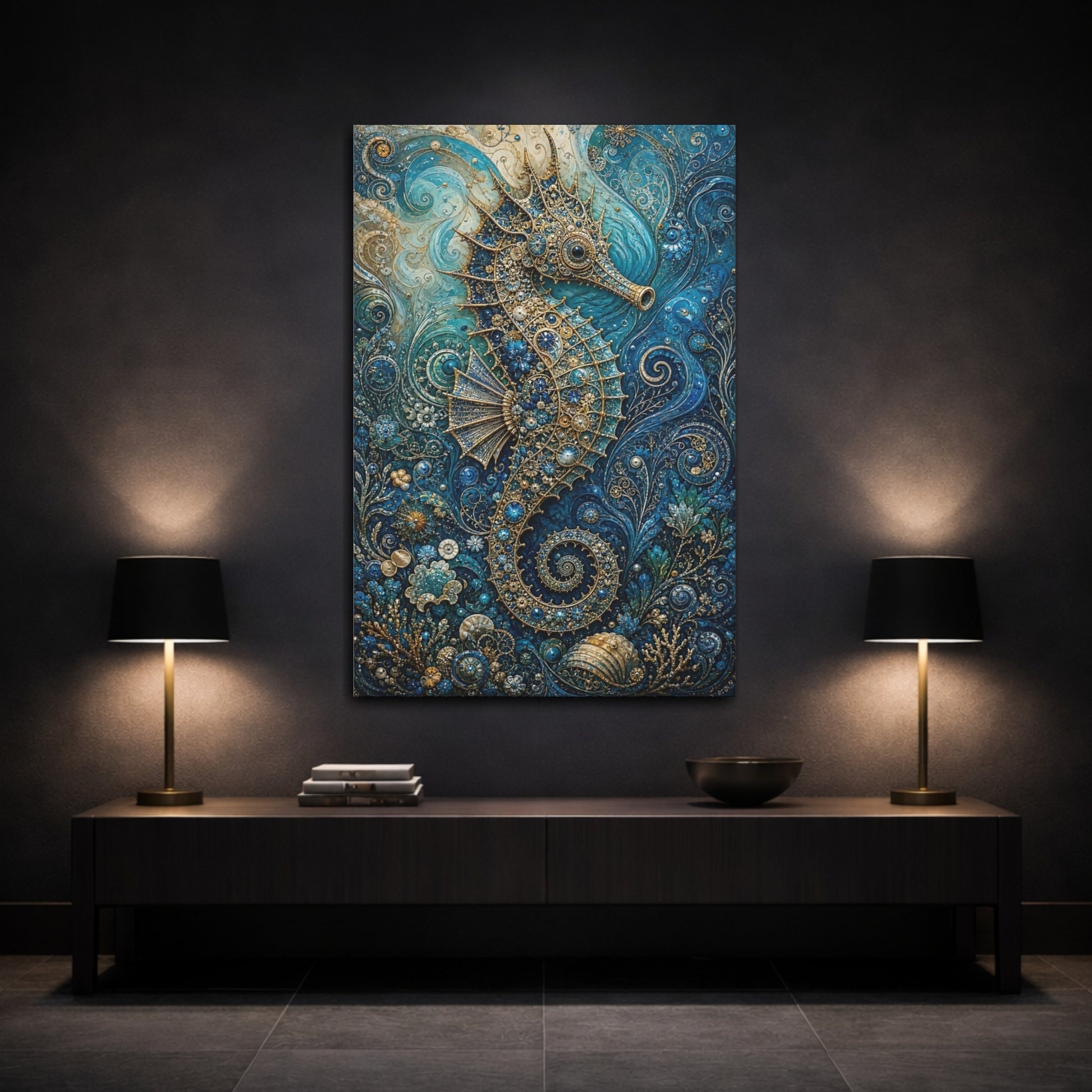 Mockup 3. Animals Seahorse Blue And Gold Seahorse shown as stretched canvas wall art