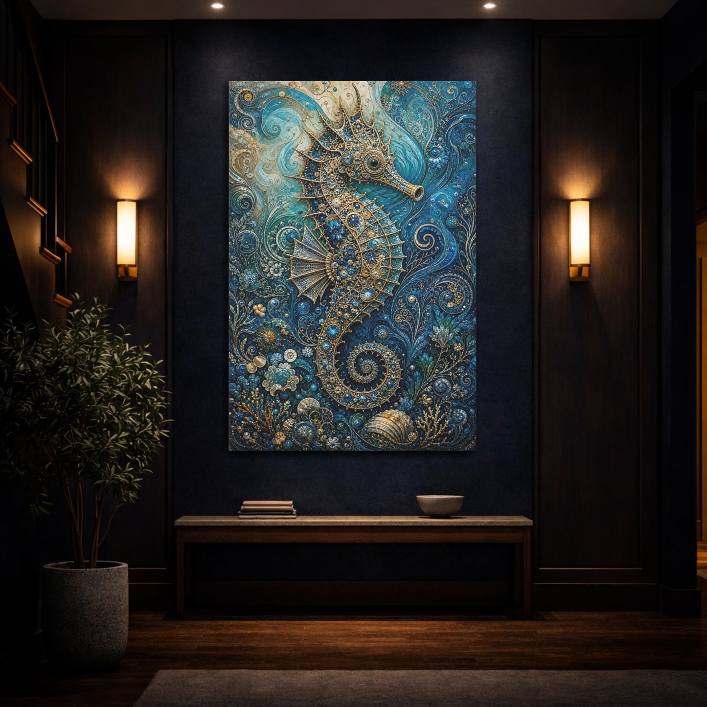 Mockup 4. Animals Seahorse Blue And Gold Seahorse shown as stretched canvas wall art