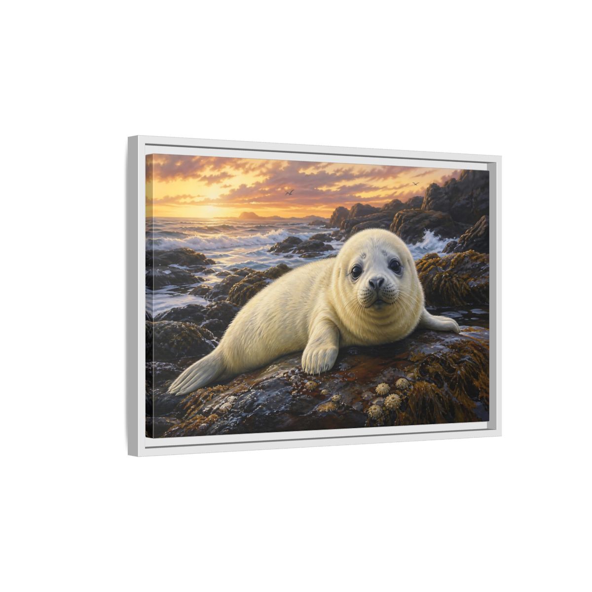 Side Mockup 1. Animals Seal Pup Coastal Seal shown as stretched canvas wall art