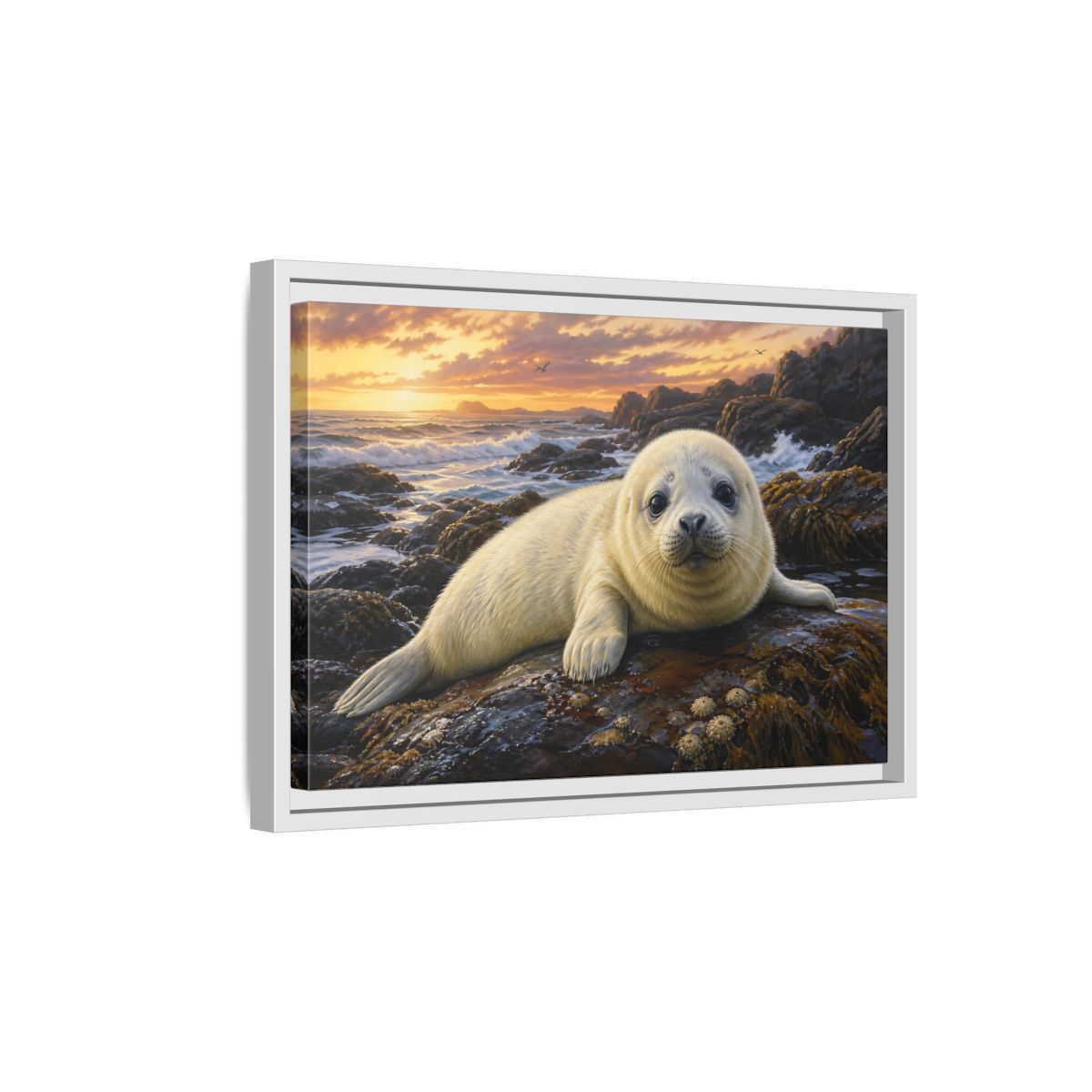 Side Mockup 4. Animals Seal Pup Coastal Seal shown as stretched canvas wall art