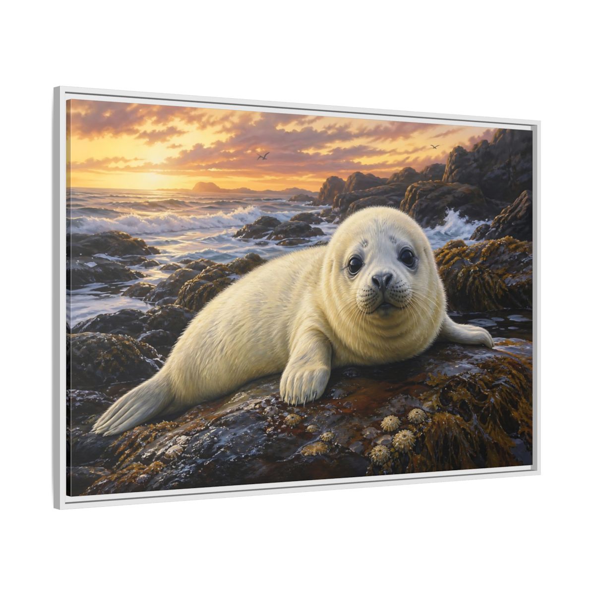 Side Mockup 7. Animals Seal Pup Coastal Seal shown as stretched canvas wall art