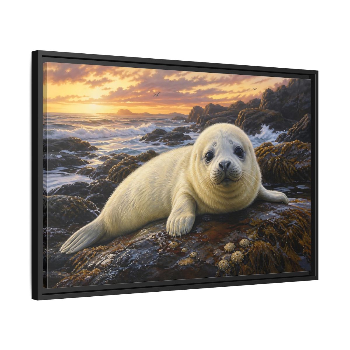 Side Mockup 14. Animals Seal Pup Coastal Seal shown as stretched canvas wall art