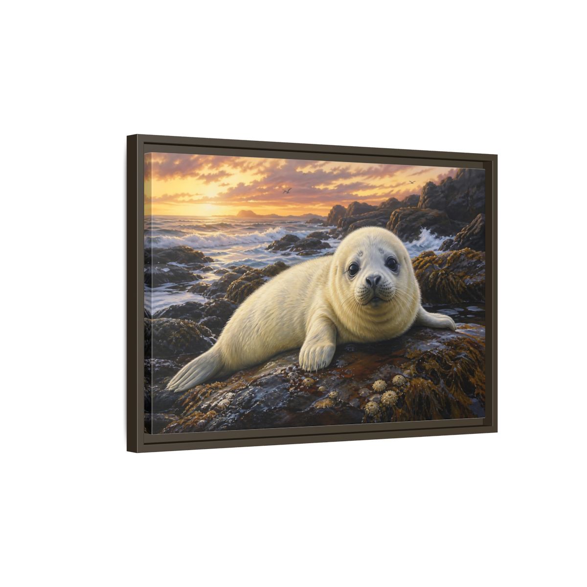 Side Mockup 2. Animals Seal Pup Coastal Seal shown as stretched canvas wall art