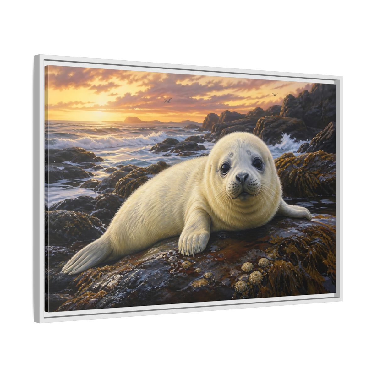 Side Mockup 9. Animals Seal Pup Coastal Seal shown as stretched canvas wall art