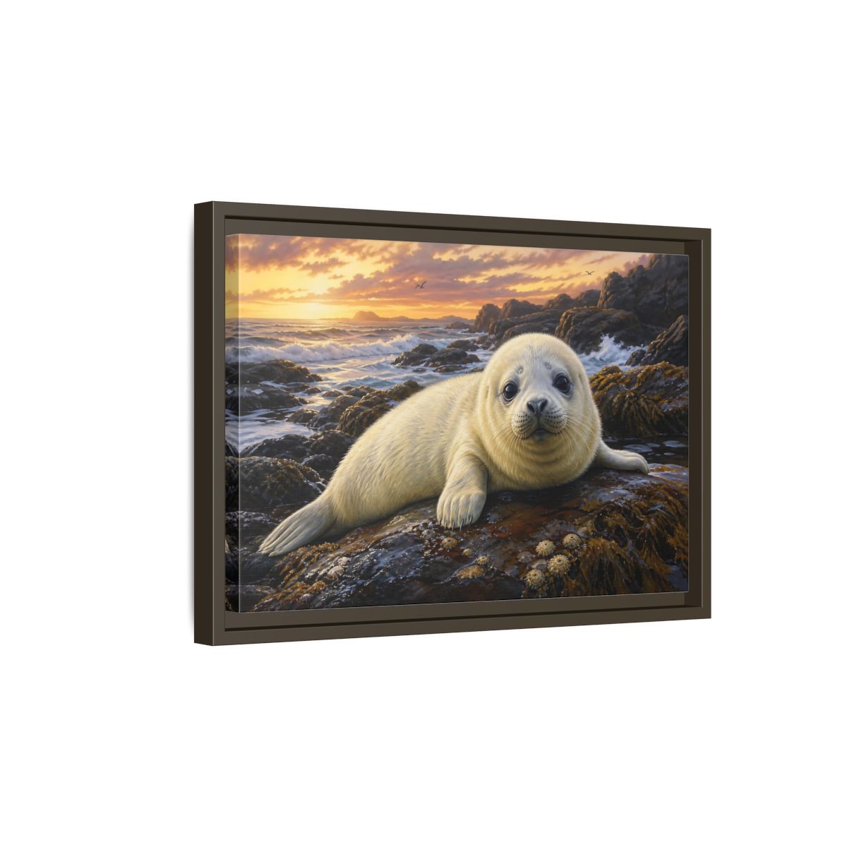 Side Mockup 5. Animals Seal Pup Coastal Seal shown as stretched canvas wall art