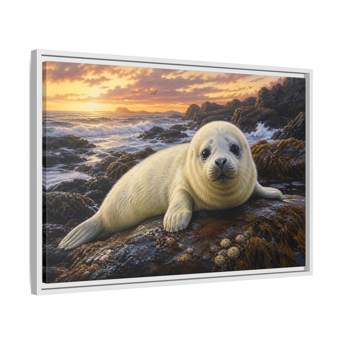 Side Mockup 10. Animals Seal Pup Coastal Seal shown as stretched canvas wall art