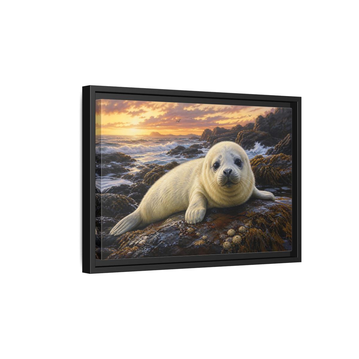 Side Mockup 6. Animals Seal Pup Coastal Seal shown as stretched canvas wall art