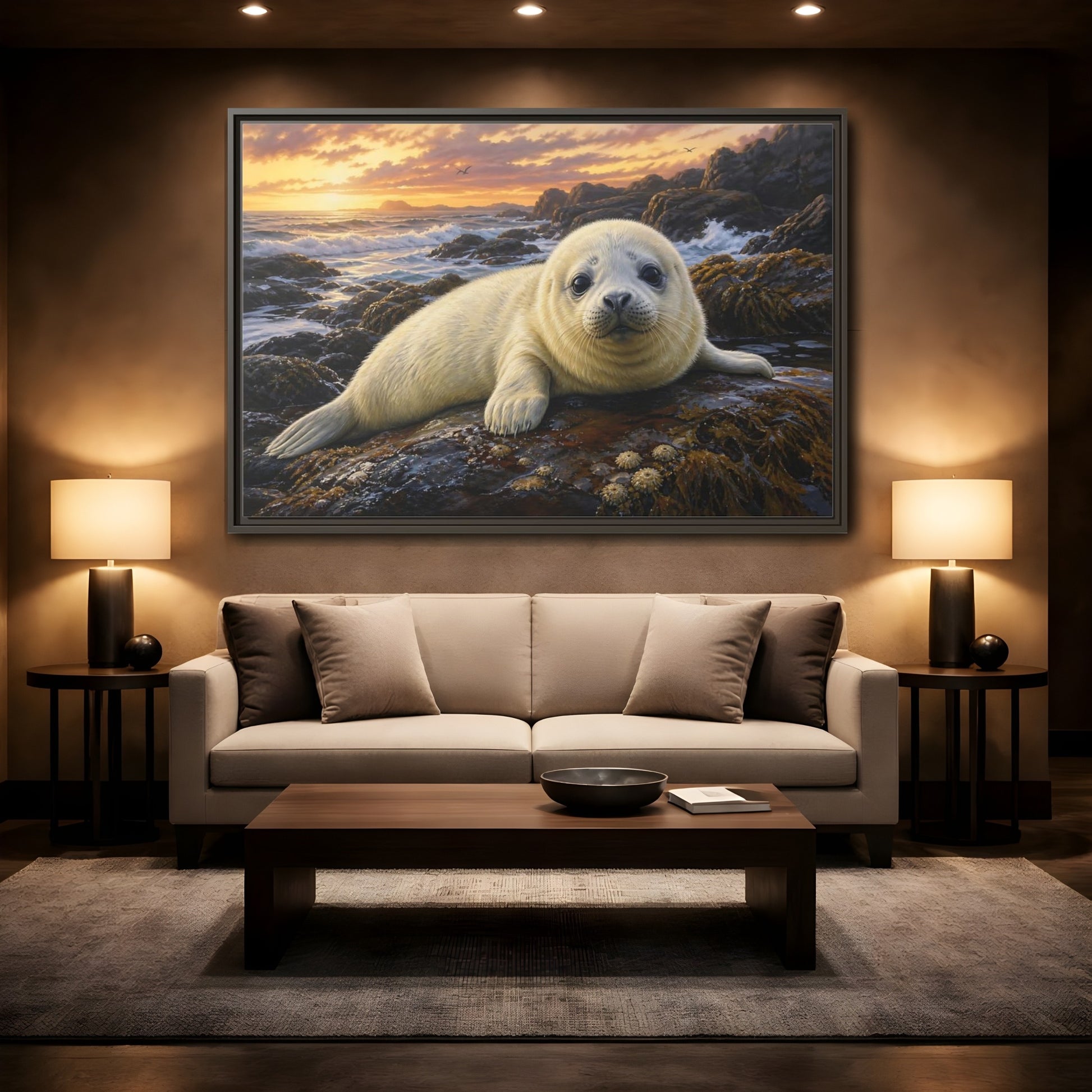 Mockup 2. Animals Seal Pup Coastal Seal shown as stretched canvas wall art