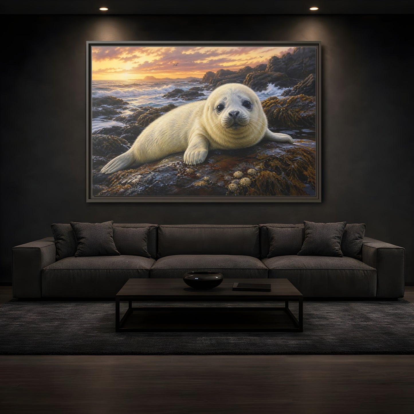 Mockup 3. Animals Seal Pup Coastal Seal shown as stretched canvas wall art