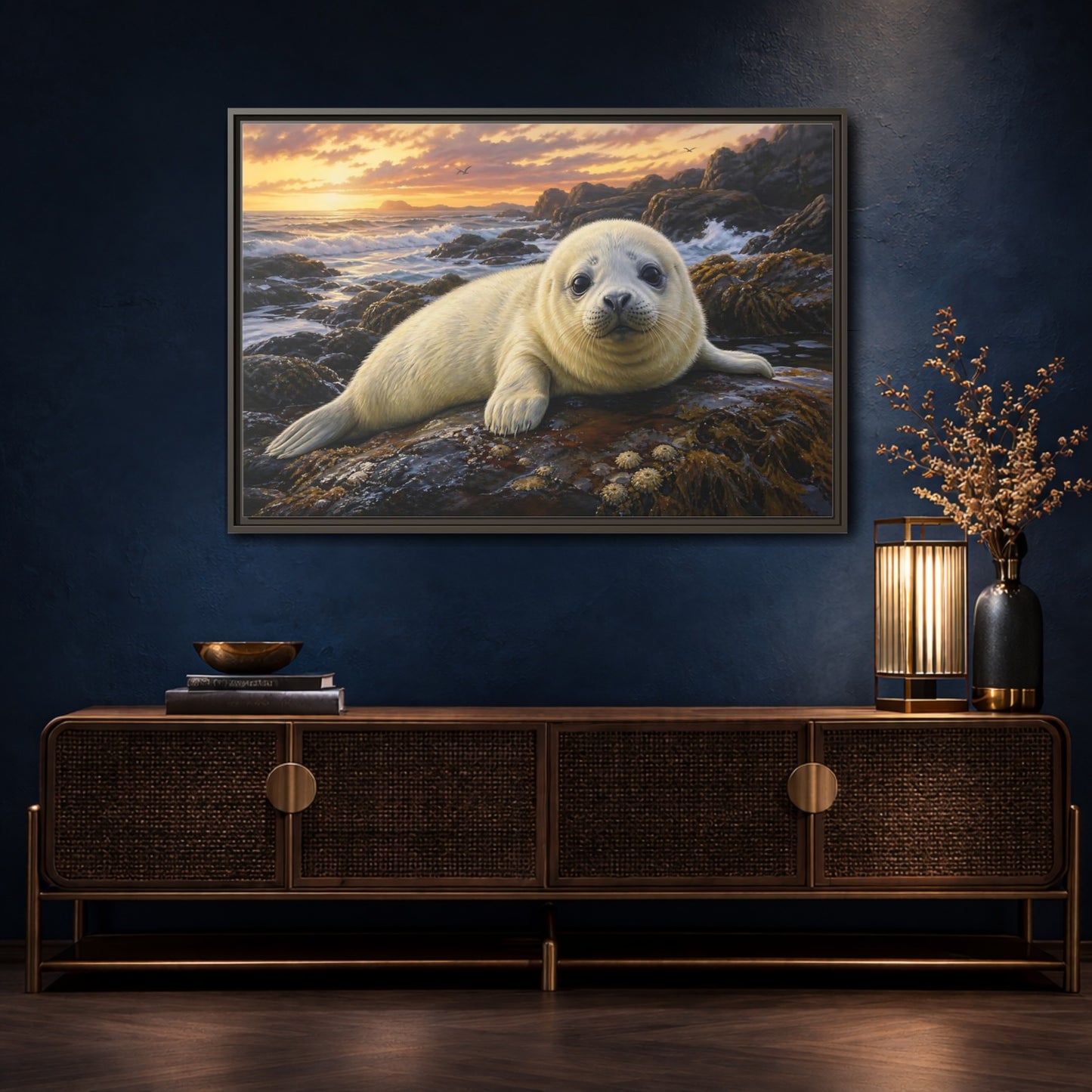Mockup 4. Animals Seal Pup Coastal Seal shown as stretched canvas wall art