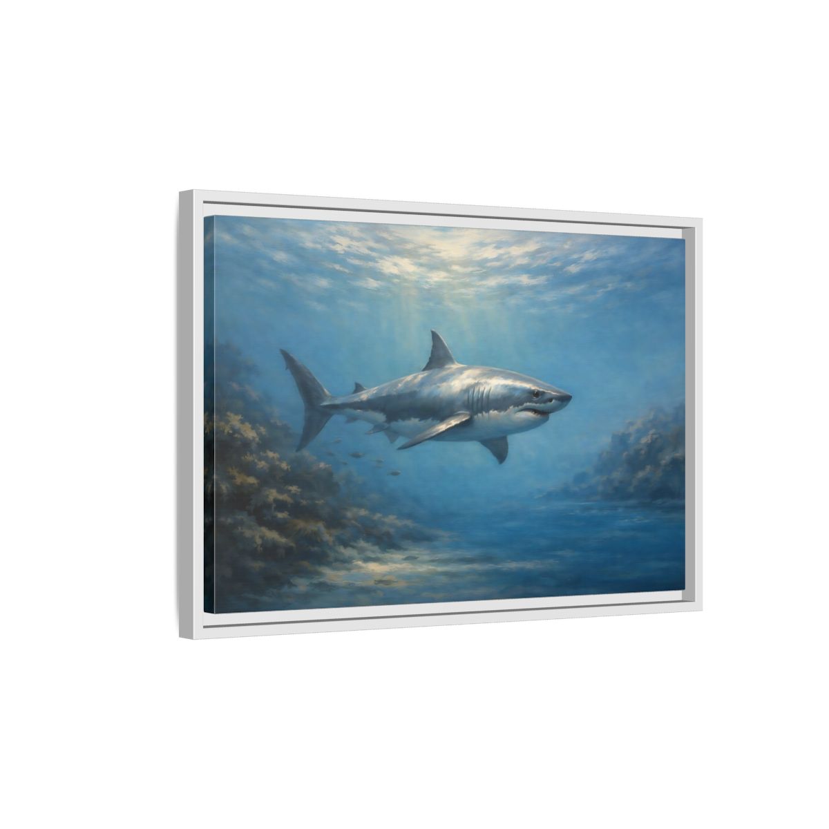 Side Mockup 1. Animals Shark Blue Shark shown as stretched canvas wall art
