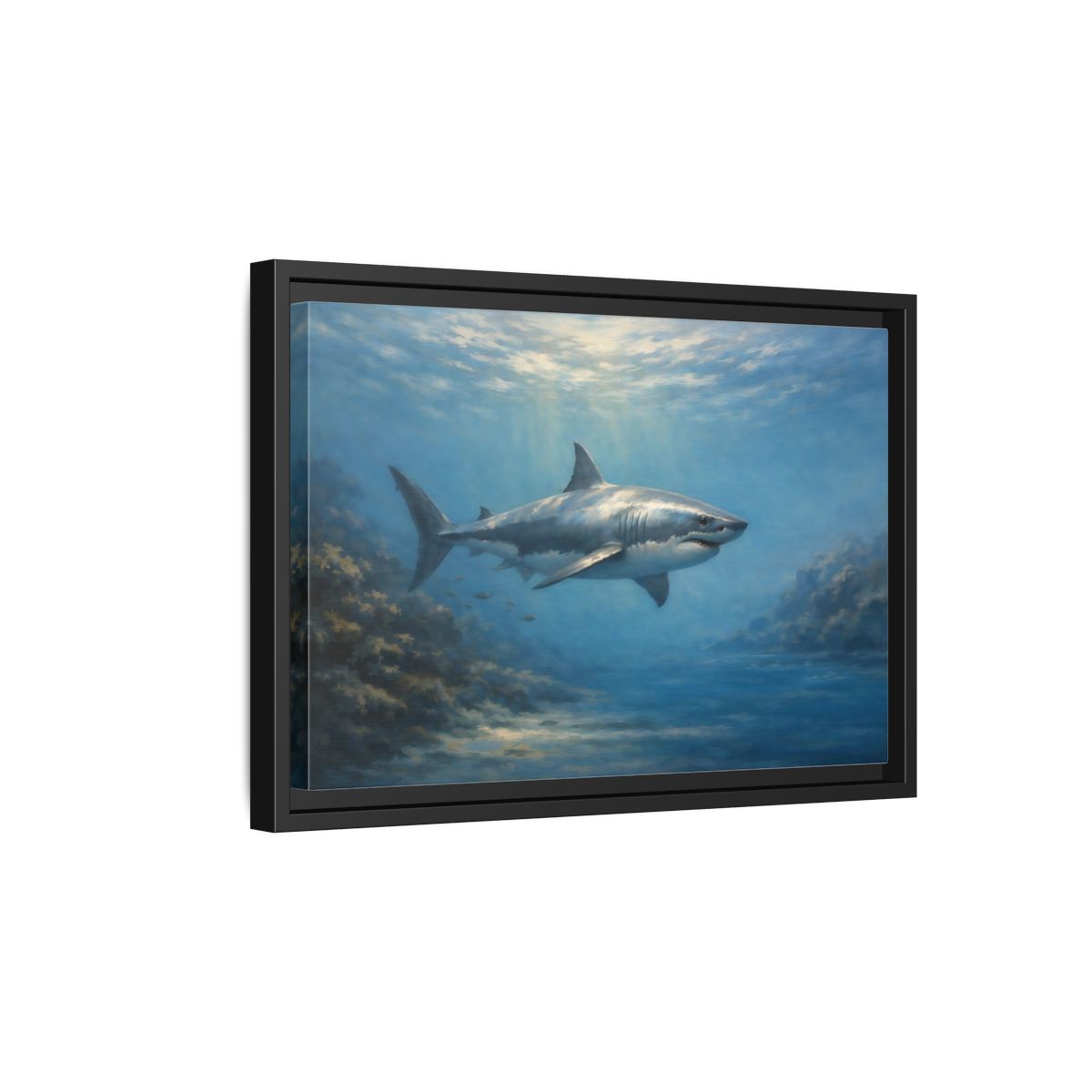 Side Mockup 6. Animals Shark Blue Shark shown as stretched canvas wall art