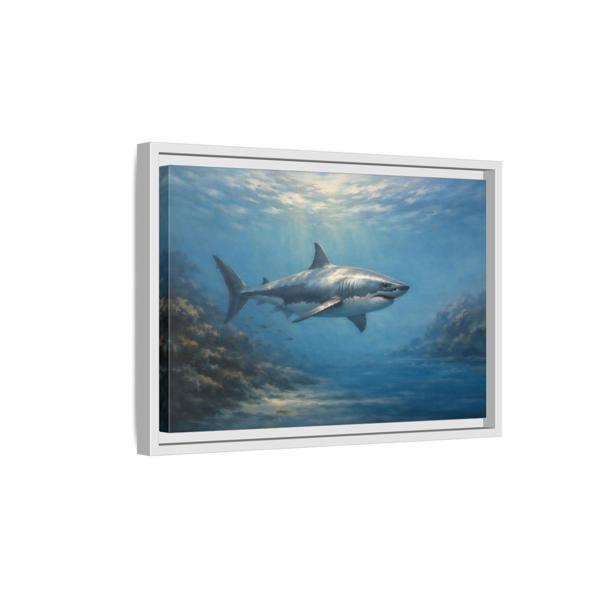 Side Mockup 4. Animals Shark Blue Shark shown as stretched canvas wall art
