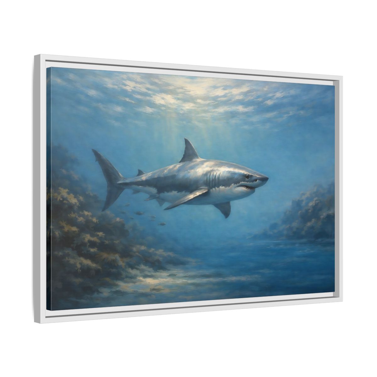 Side Mockup 10. Animals Shark Blue Shark shown as stretched canvas wall art