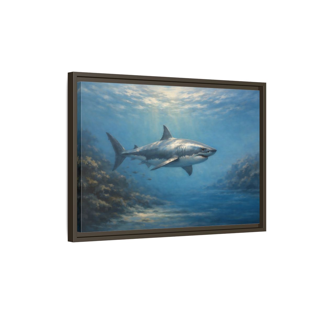 Side Mockup 2. Animals Shark Blue Shark shown as stretched canvas wall art