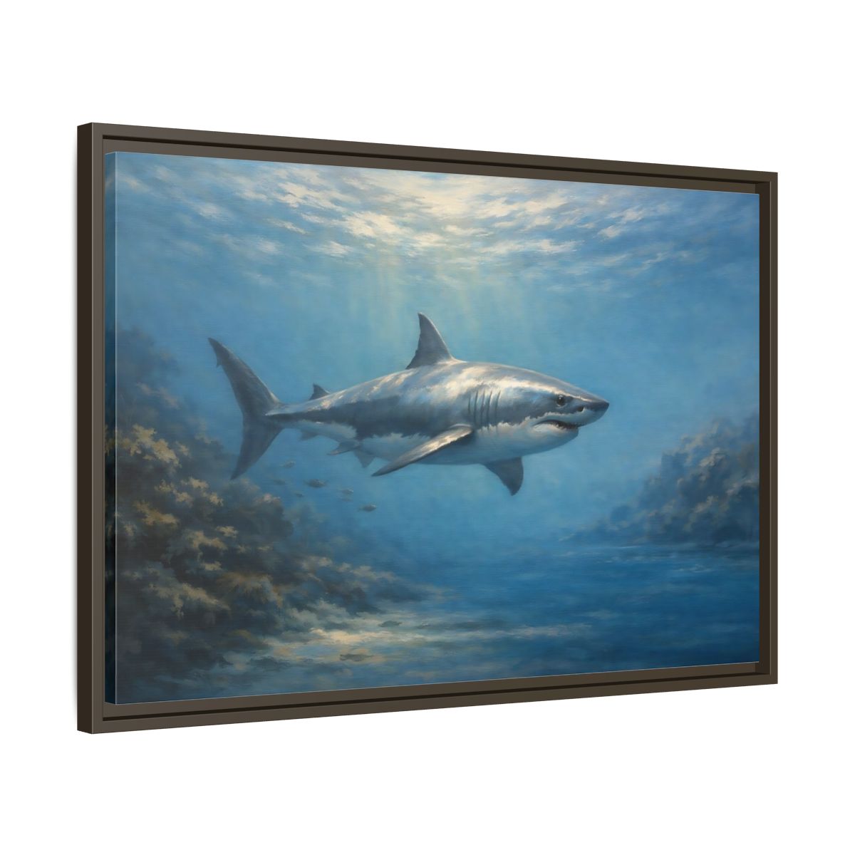 Side Mockup 11. Animals Shark Blue Shark shown as stretched canvas wall art