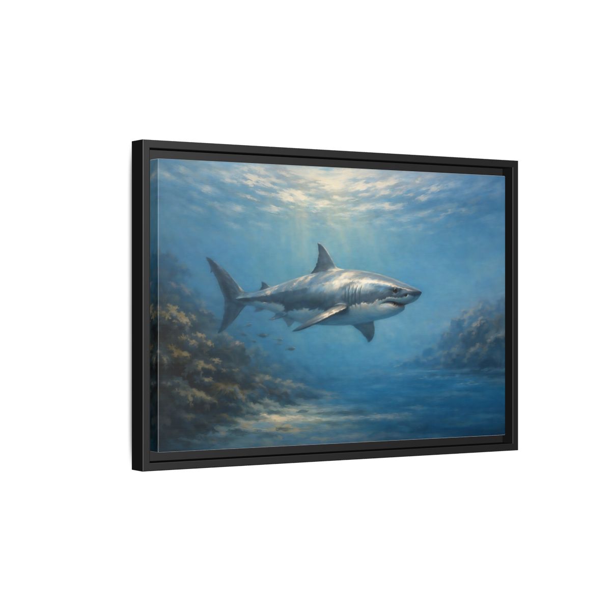 Side Mockup 3. Animals Shark Blue Shark shown as stretched canvas wall art
