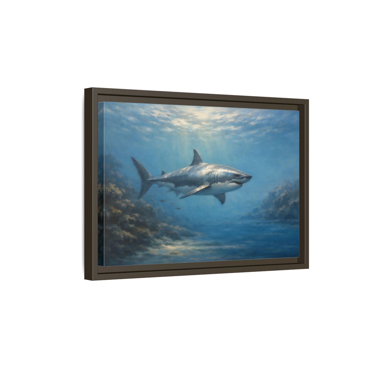 Side Mockup 5. Animals Shark Blue Shark shown as stretched canvas wall art