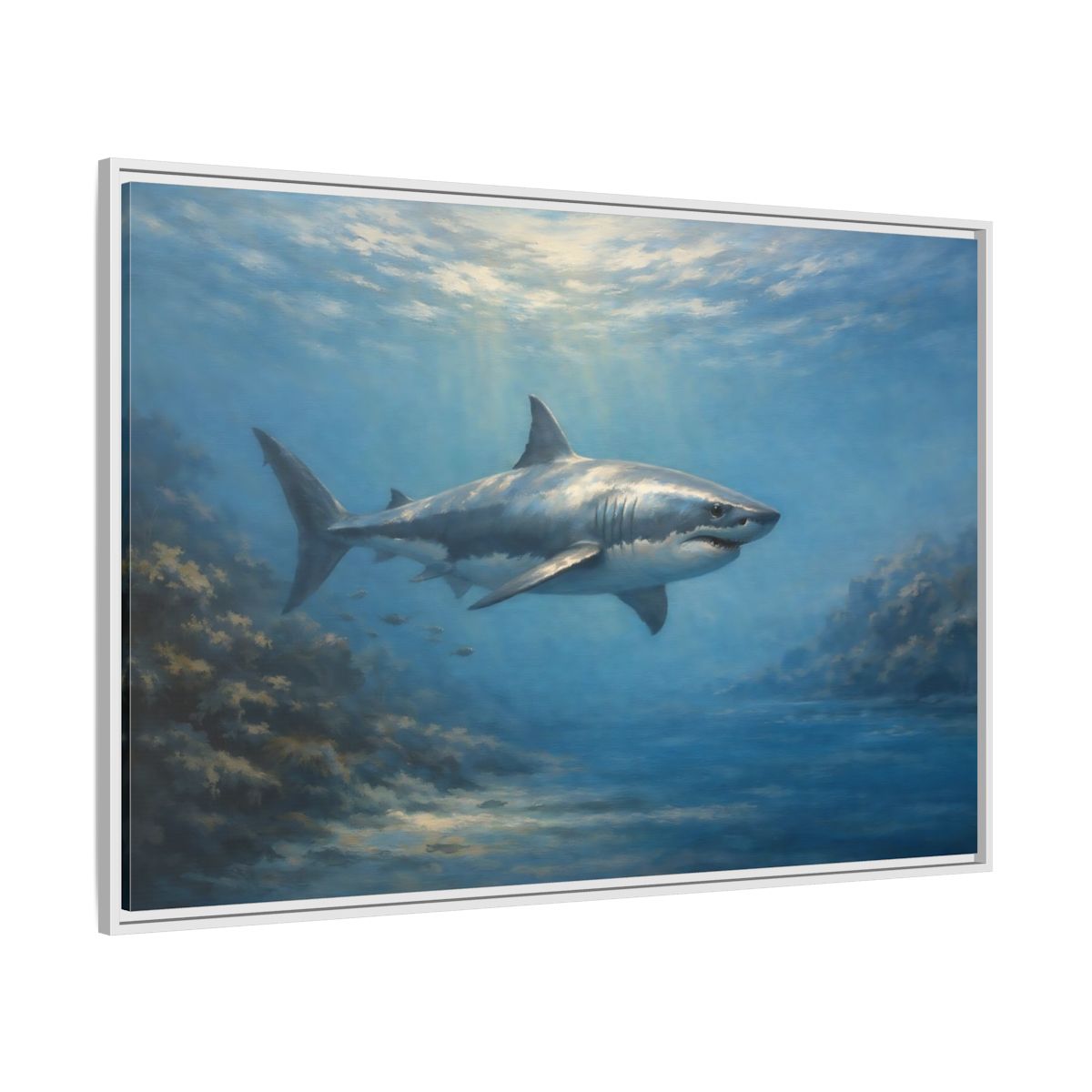 Side Mockup 7. Animals Shark Blue Shark shown as stretched canvas wall art