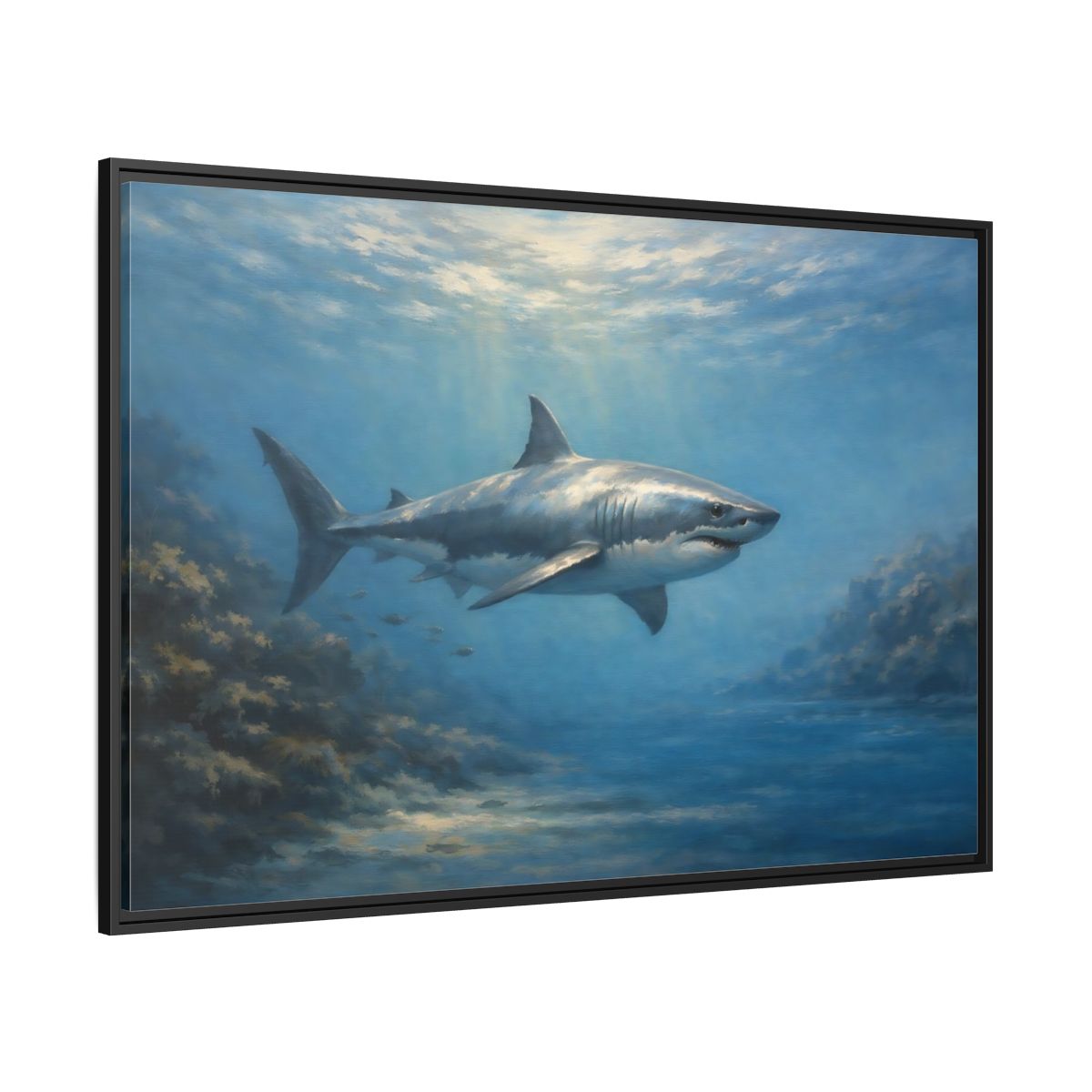 Side Mockup 12. Animals Shark Blue Shark shown as stretched canvas wall art