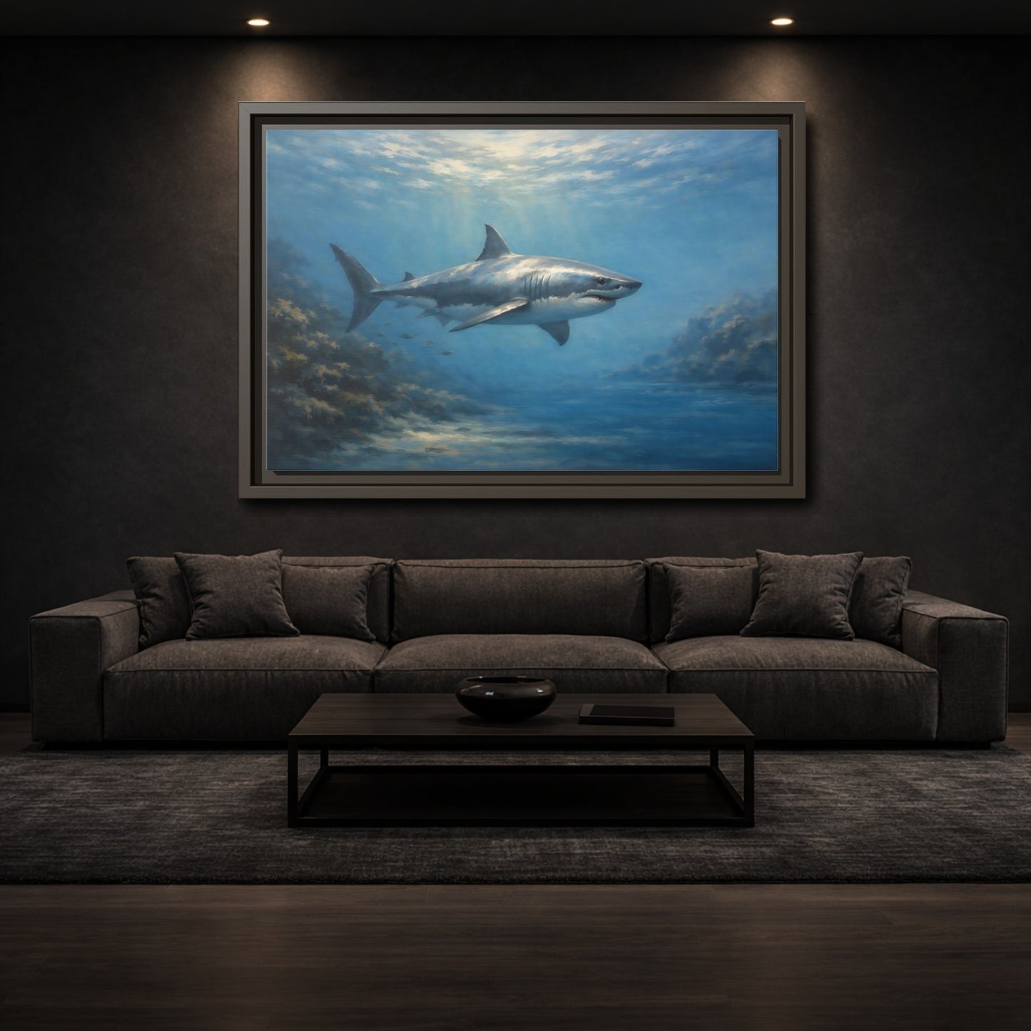 Mockup 2. Animals Shark Blue Shark shown as stretched canvas wall art