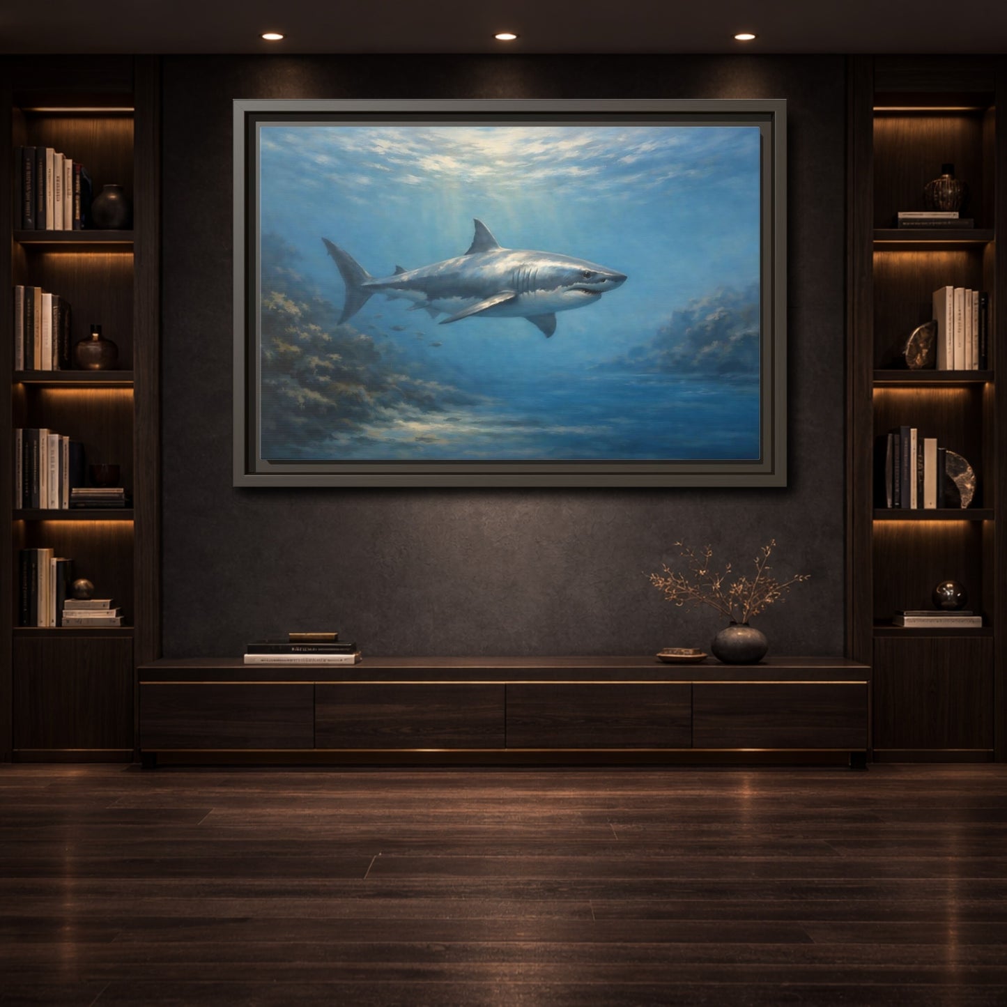 Mockup 3. Animals Shark Blue Shark shown as stretched canvas wall art