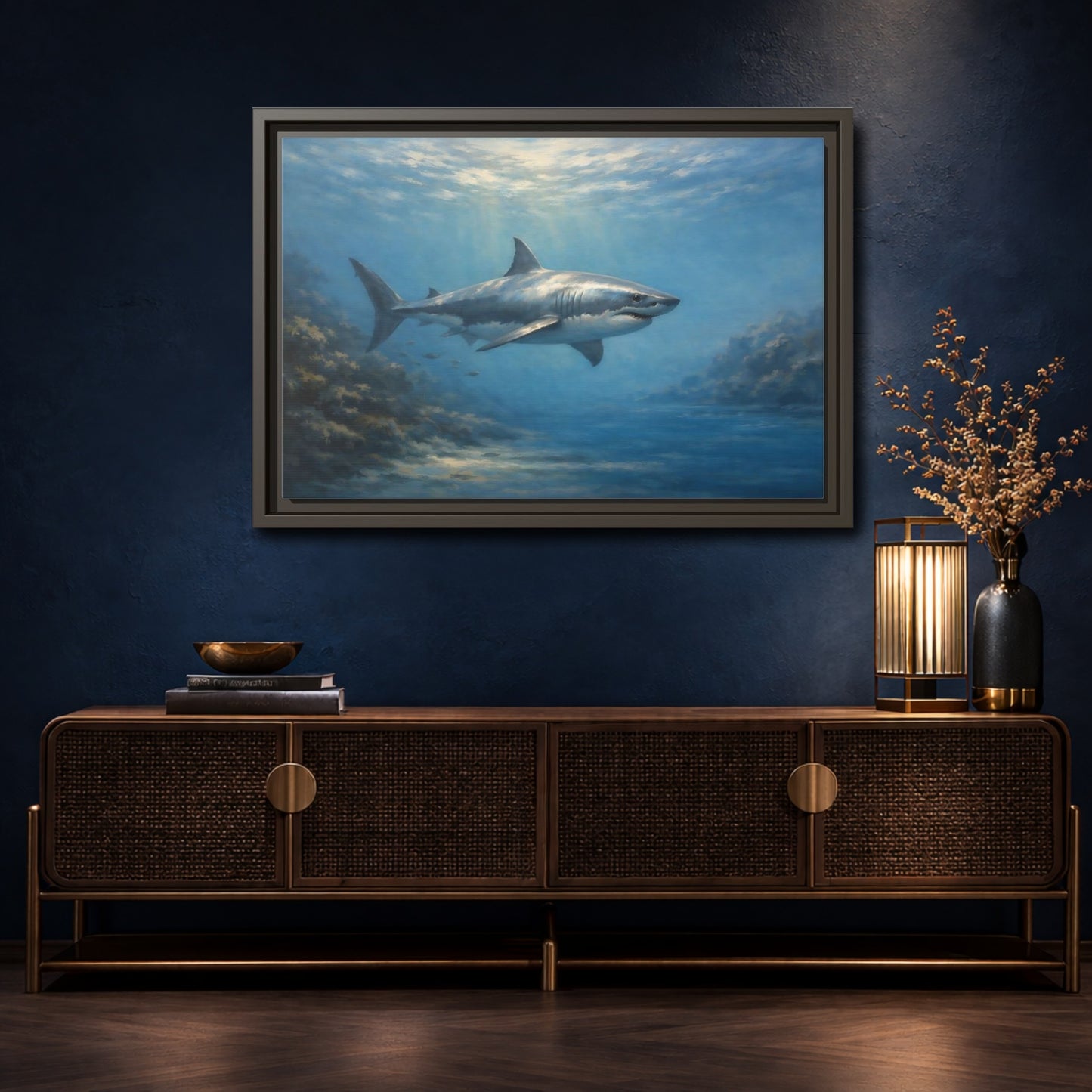 Mockup 4. Animals Shark Blue Shark shown as stretched canvas wall art