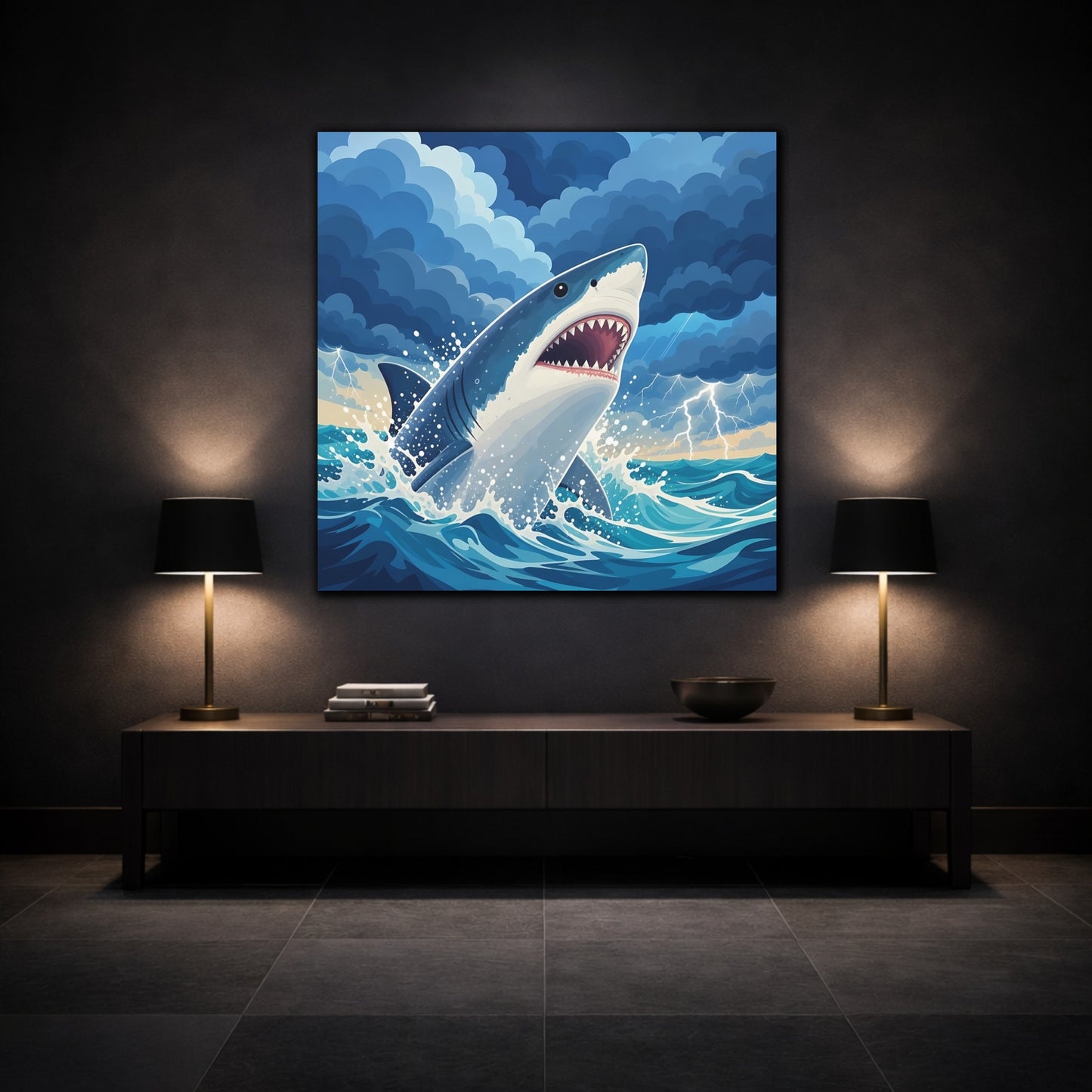 Mockup 3. Animals Shark Blue Shark Storm shown as canvas print