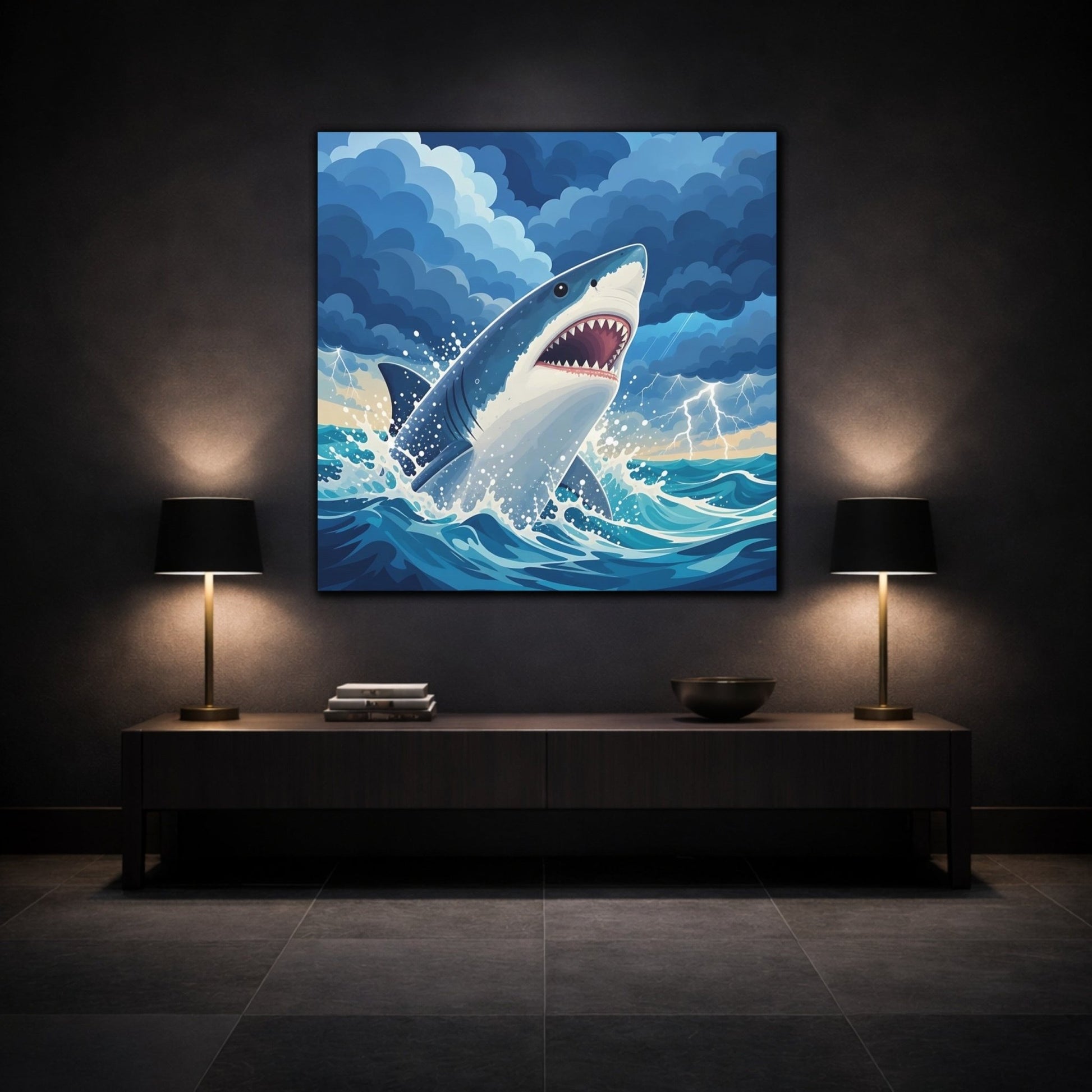Animals Shark Blue Storm Canvas Print – Kids Room, Above Toy Storage - YesArtYes