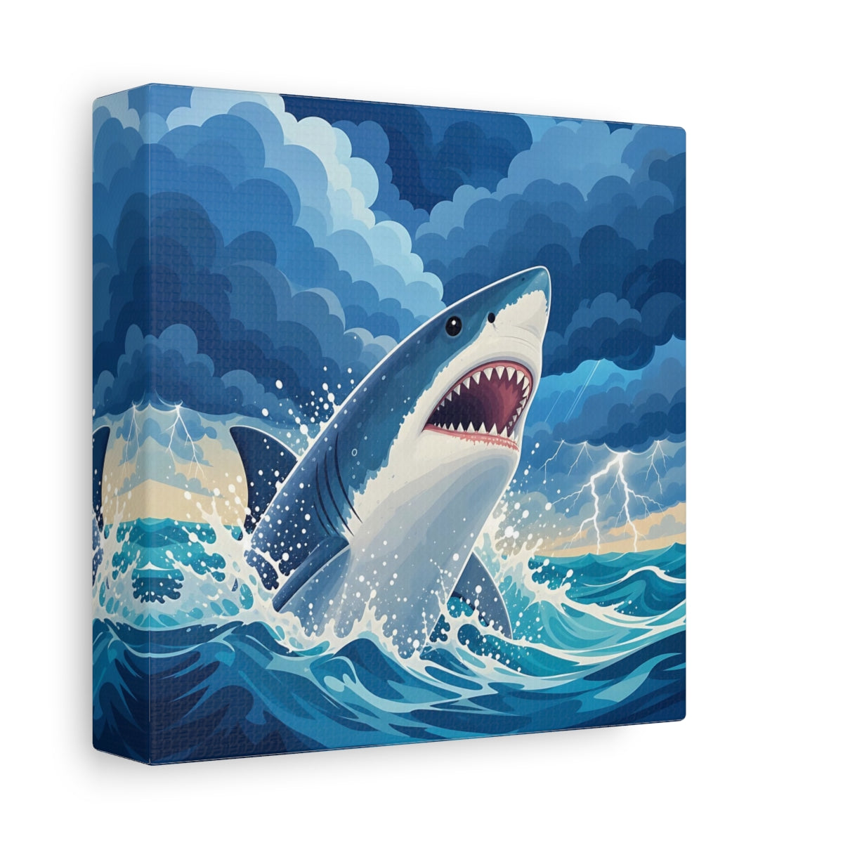 Side Mockup 2. Animals Shark Blue Shark Storm shown as canvas print