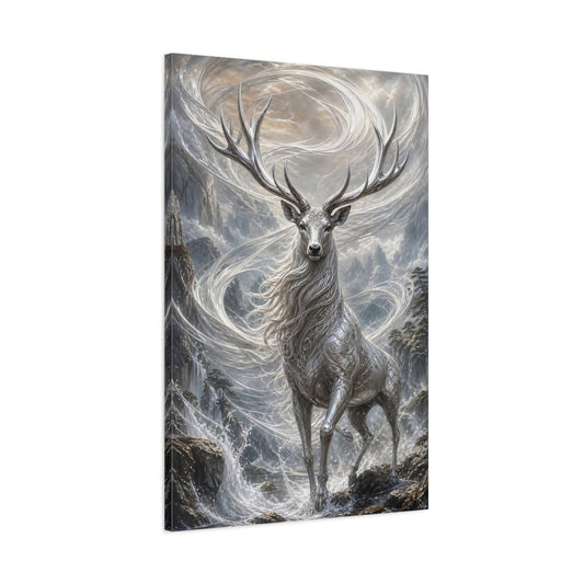 Animals Silver Stag And Grey Canvas Print – Fantasy Decor for Living Room, Above Console Table - YesArtYes