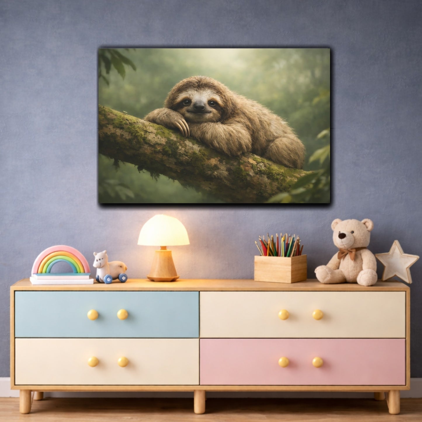 Animals Sloth Sloth Brown Green shown as front canvas room wall art