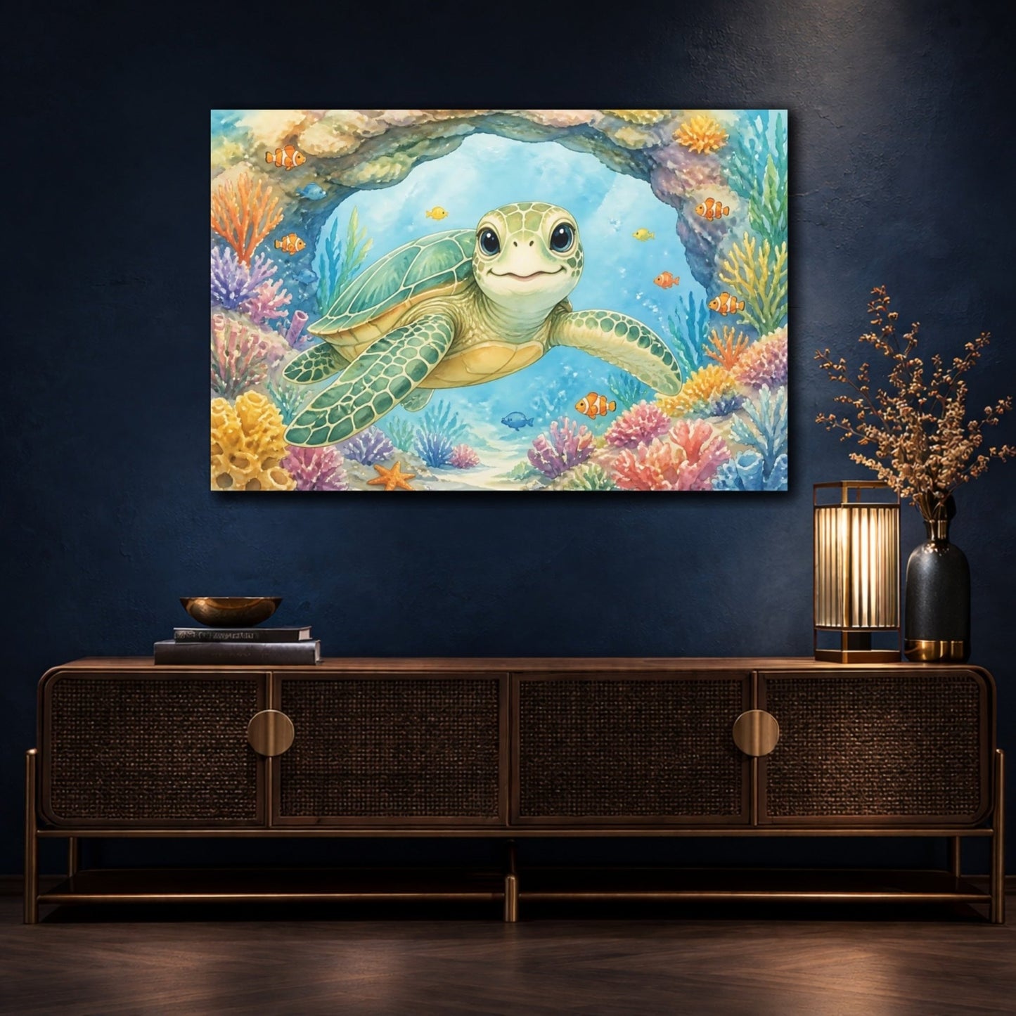 Animals Smiling Sea Turtle Canvas Print Wall Art – Kids Room Decor, Playroom - YesArtYes
