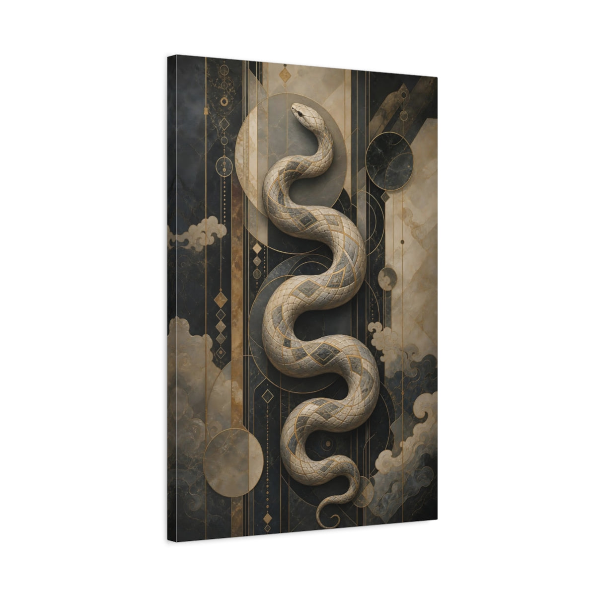 Side Mockup 2. Animals Snake Black And Gold Snake shown as stretched canvas wall art