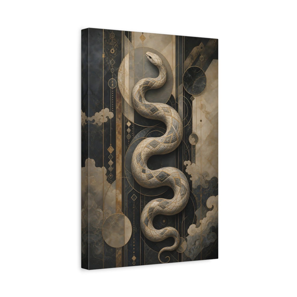 Side Mockup 4. Animals Snake Black And Gold Snake shown as stretched canvas wall art
