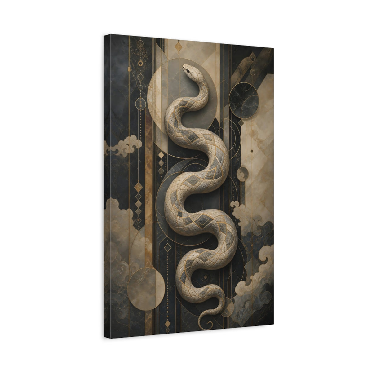 Side Mockup 3. Animals Snake Black And Gold Snake shown as stretched canvas wall art