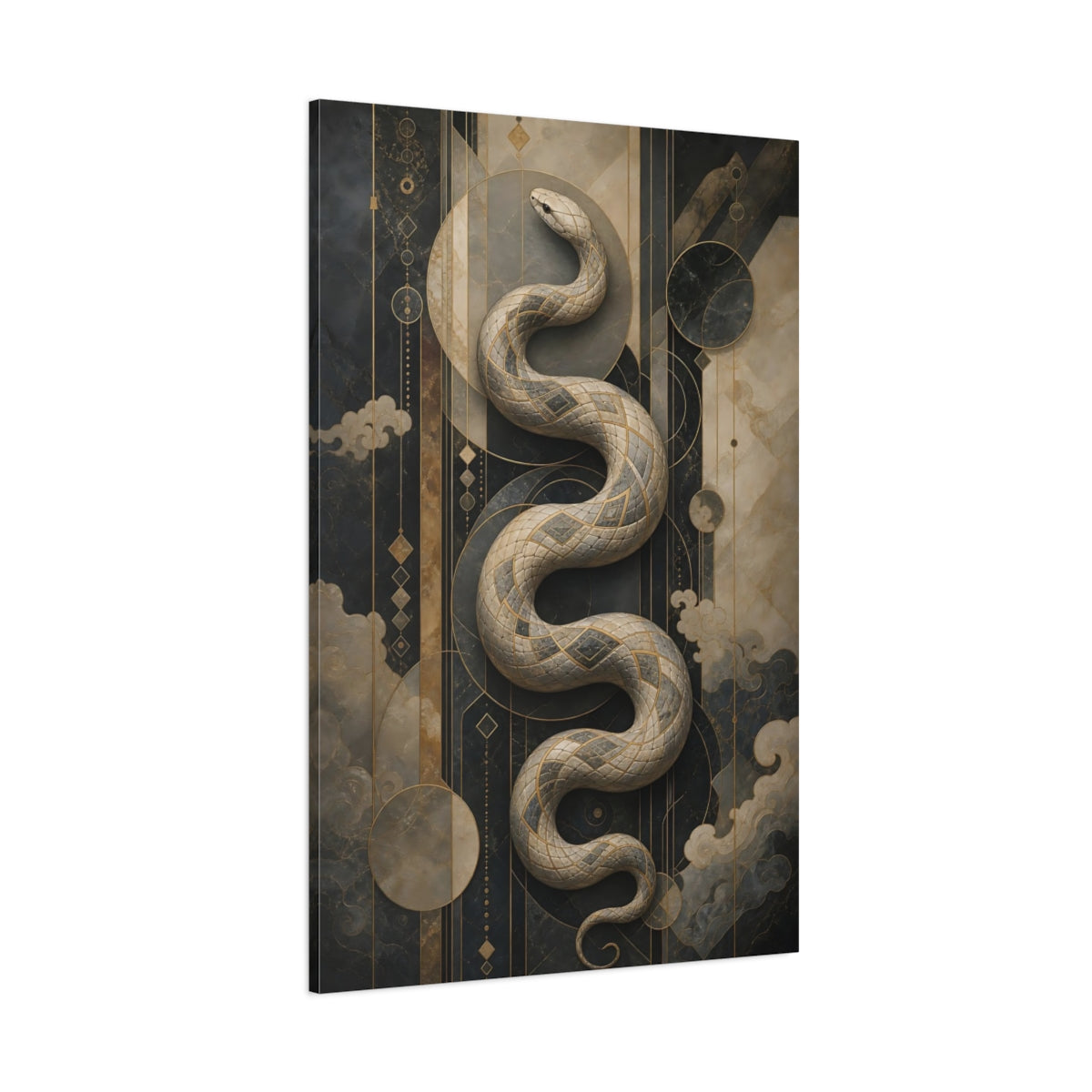 Side Mockup 1. Animals Snake Black And Gold Snake shown as stretched canvas wall art