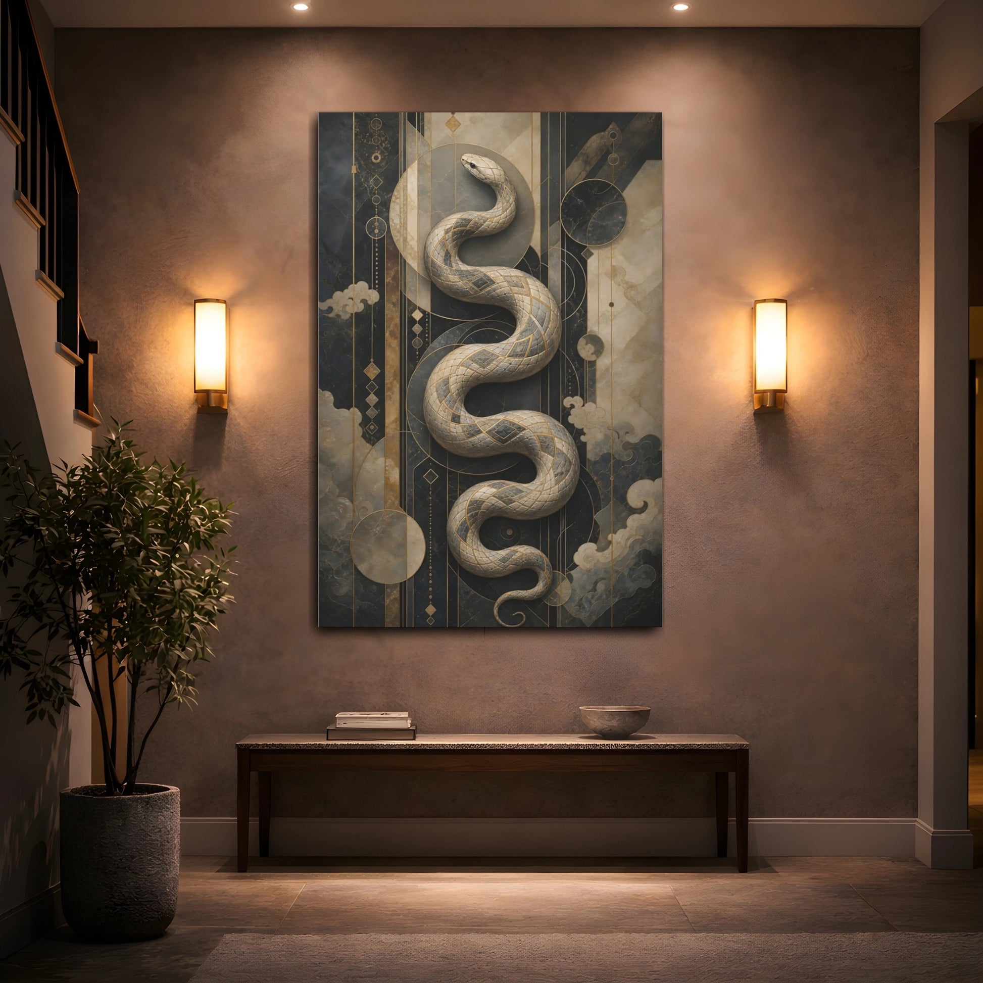 Mockup 2. Animals Snake Black And Gold Snake shown as stretched canvas wall art