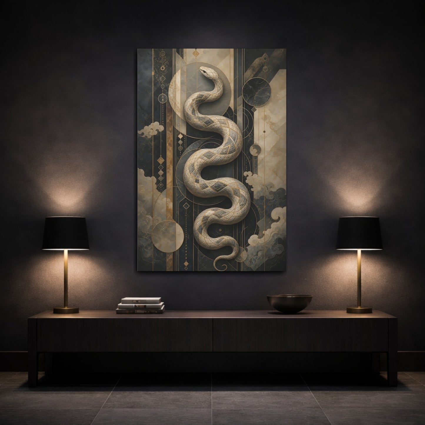 Mockup 3. Animals Snake Black And Gold Snake shown as stretched canvas wall art