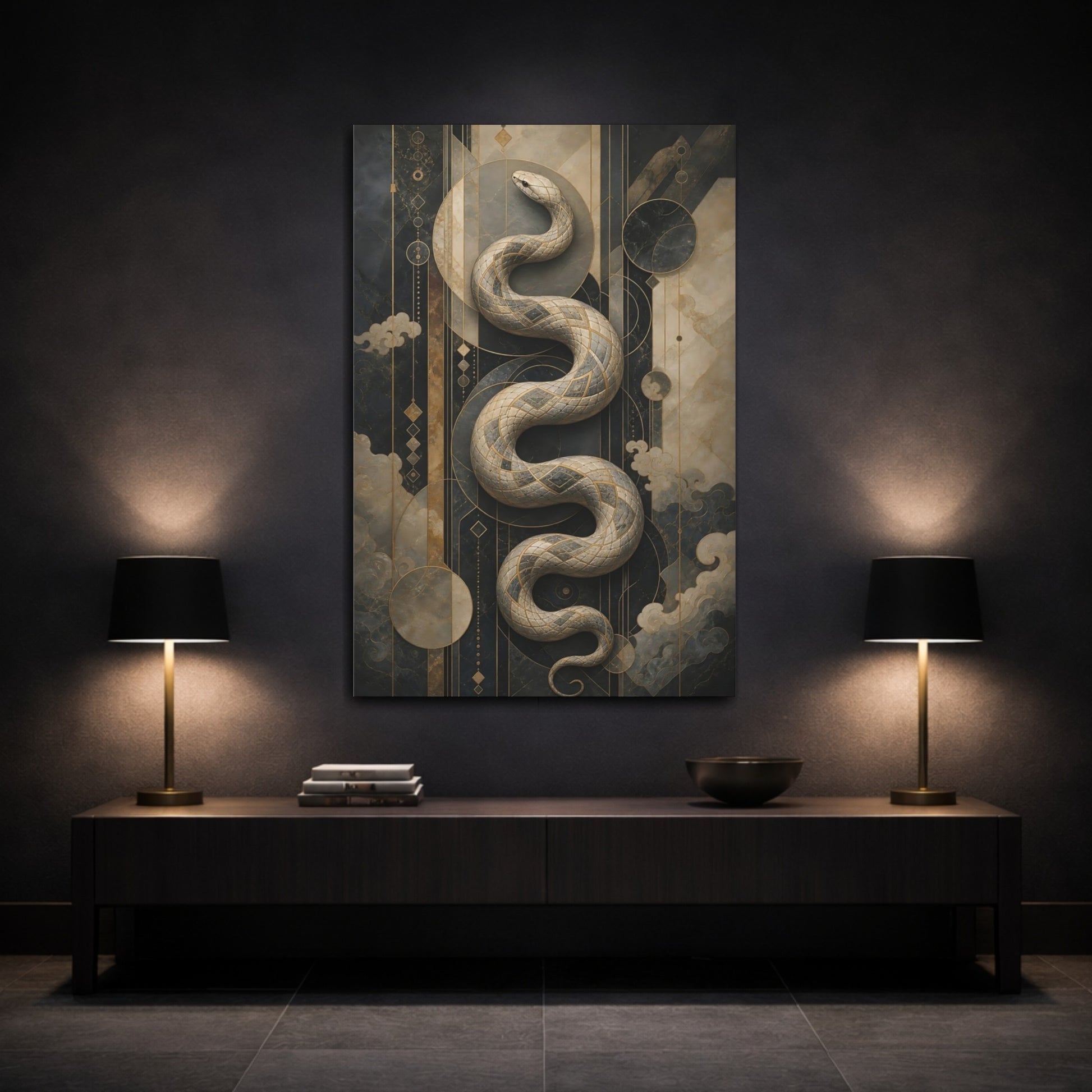 Mockup 3. Animals Snake Black And Gold Snake shown as stretched canvas wall art
