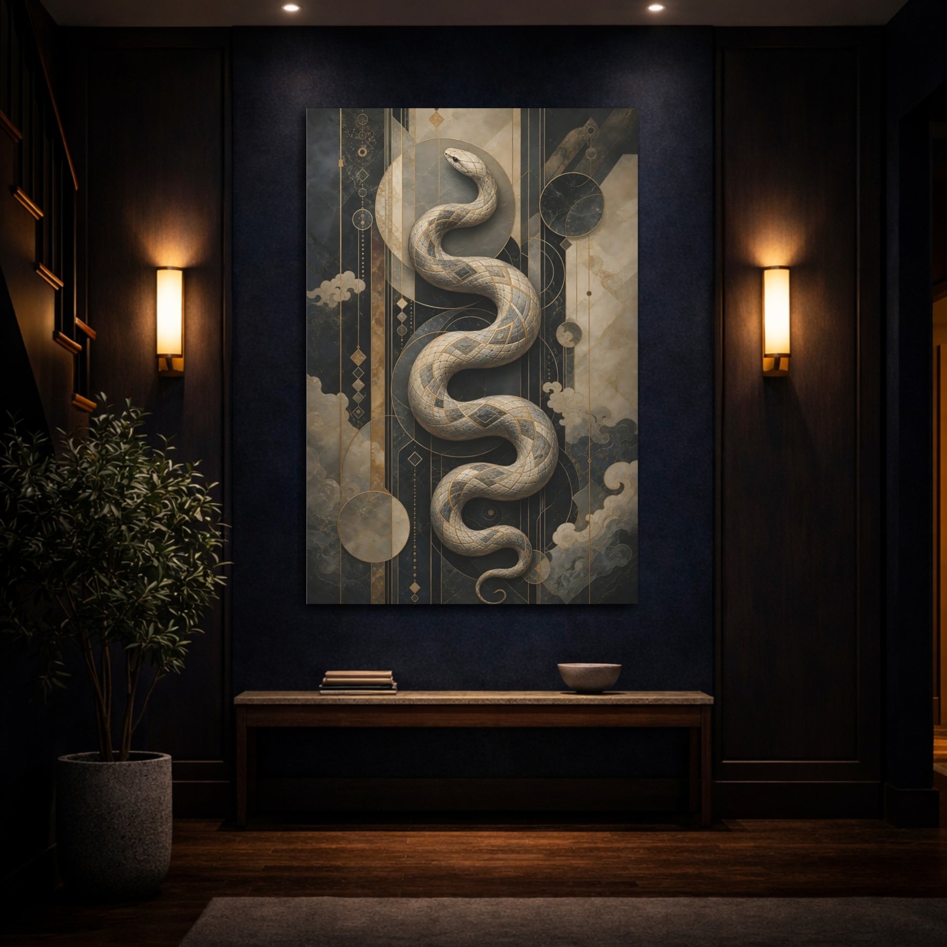 Mockup 4. Animals Snake Black And Gold Snake shown as stretched canvas wall art