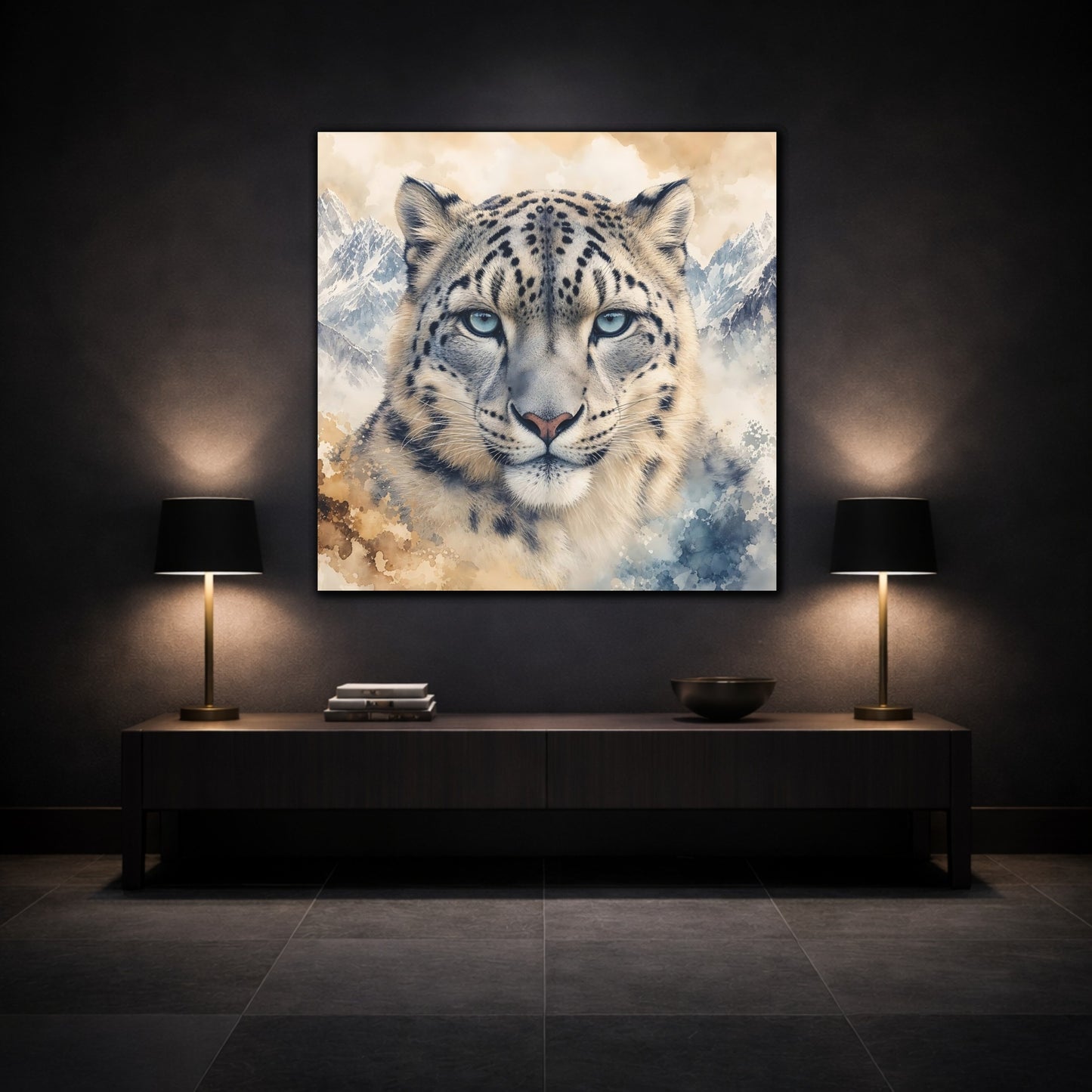 Mockup 3. Animals Snow Leopard Snow Leopard Watercolor shown as canvas print