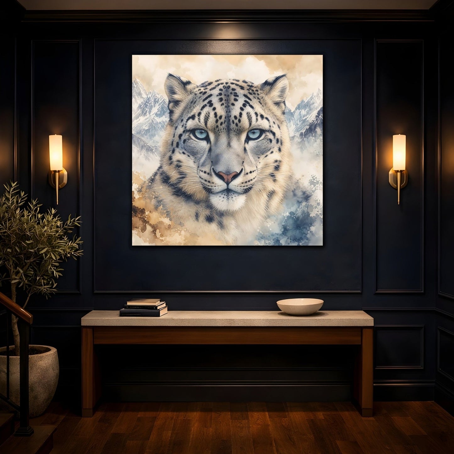 Animals Snow Leopard Watercolor Canvas Print – Living Room, Above Sofa, Brown - YesArtYes